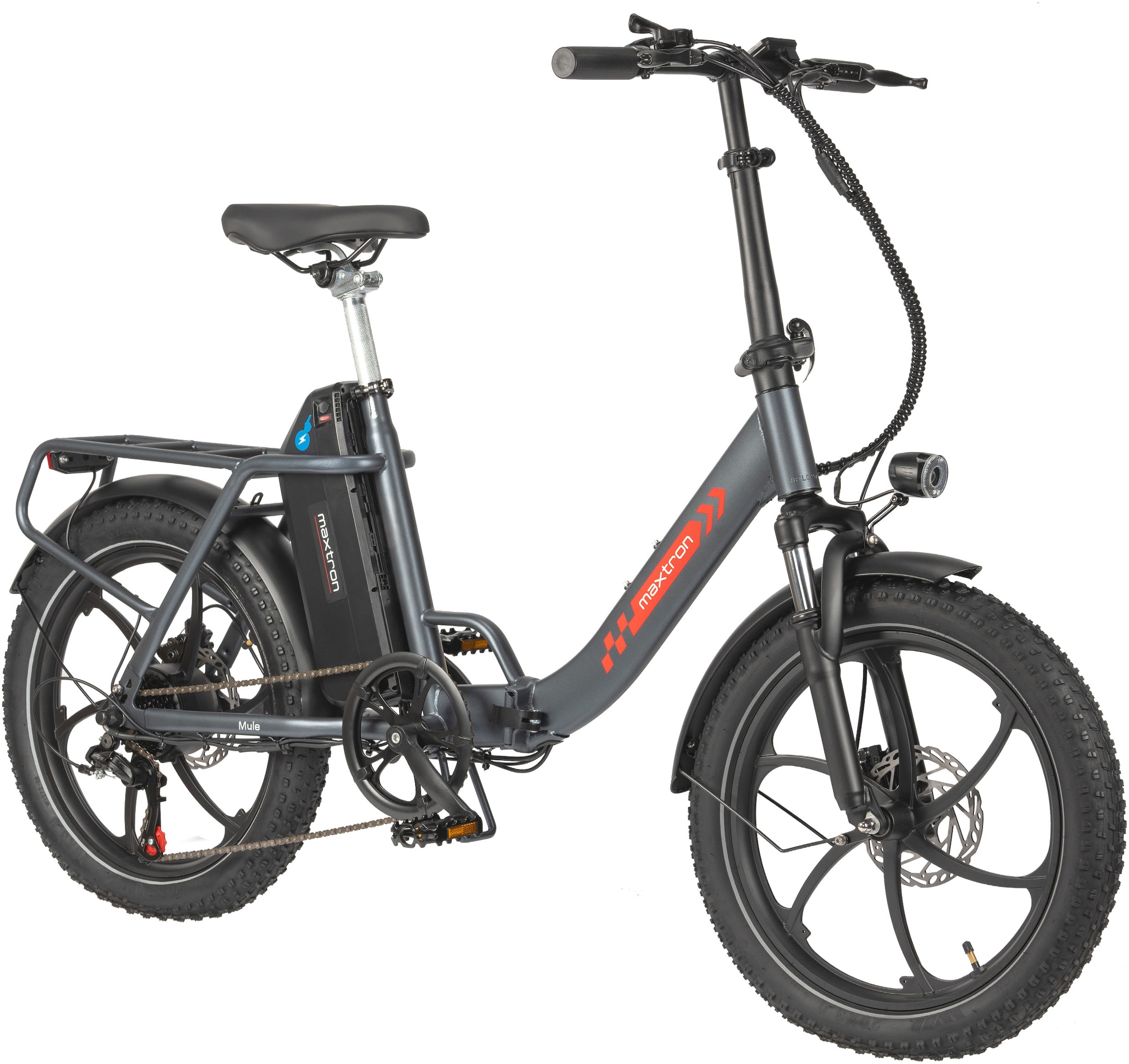 Maxtron »Maxtron MULE Klapprad« 7 Gang Shimano ALTUS Schaltwerk Kettenschaltung 250 W Packung,  Stadt & Abenteuer: 20" Fatbike mit XXL 20Ah Akku.