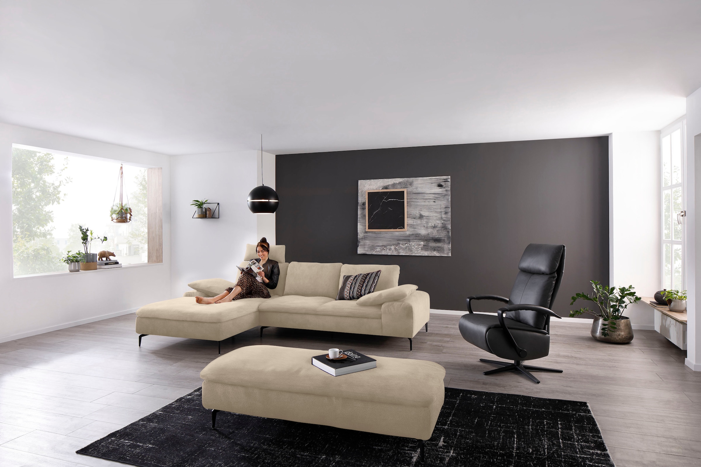 W.SCHILLIG Ecksofa "valentinoo, Designsofa, bequem, elegant und zeitlos, L-Form" inklusive Hocker, mit Sitztiefenverstellung, Breite 299 cm