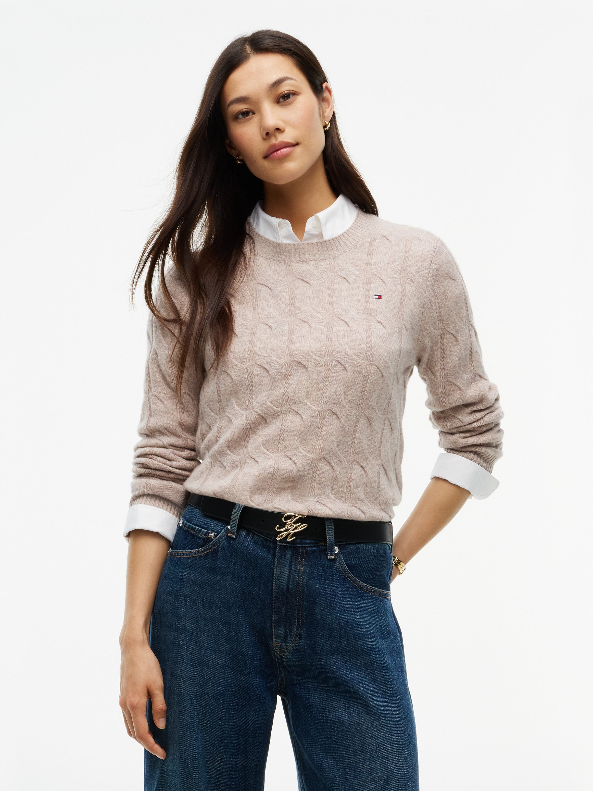 Tommy Hilfiger Strickpullover "SOFT WOOL CABLE C-NK" mit Zopfmuster, aus reiner Wolle