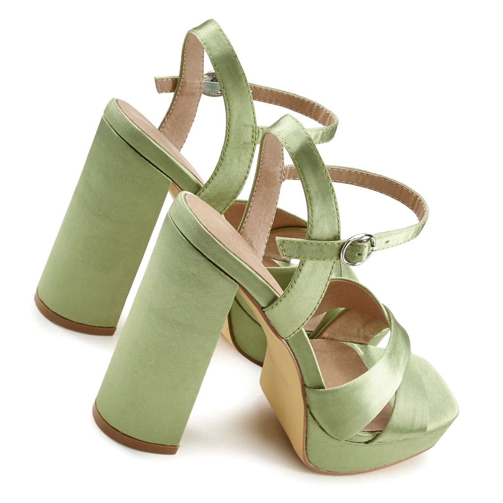 LASCANA Riemchensandalette, High Heel Sandale mit Plateau & Blockabsatz in Satin Optik VEGAN