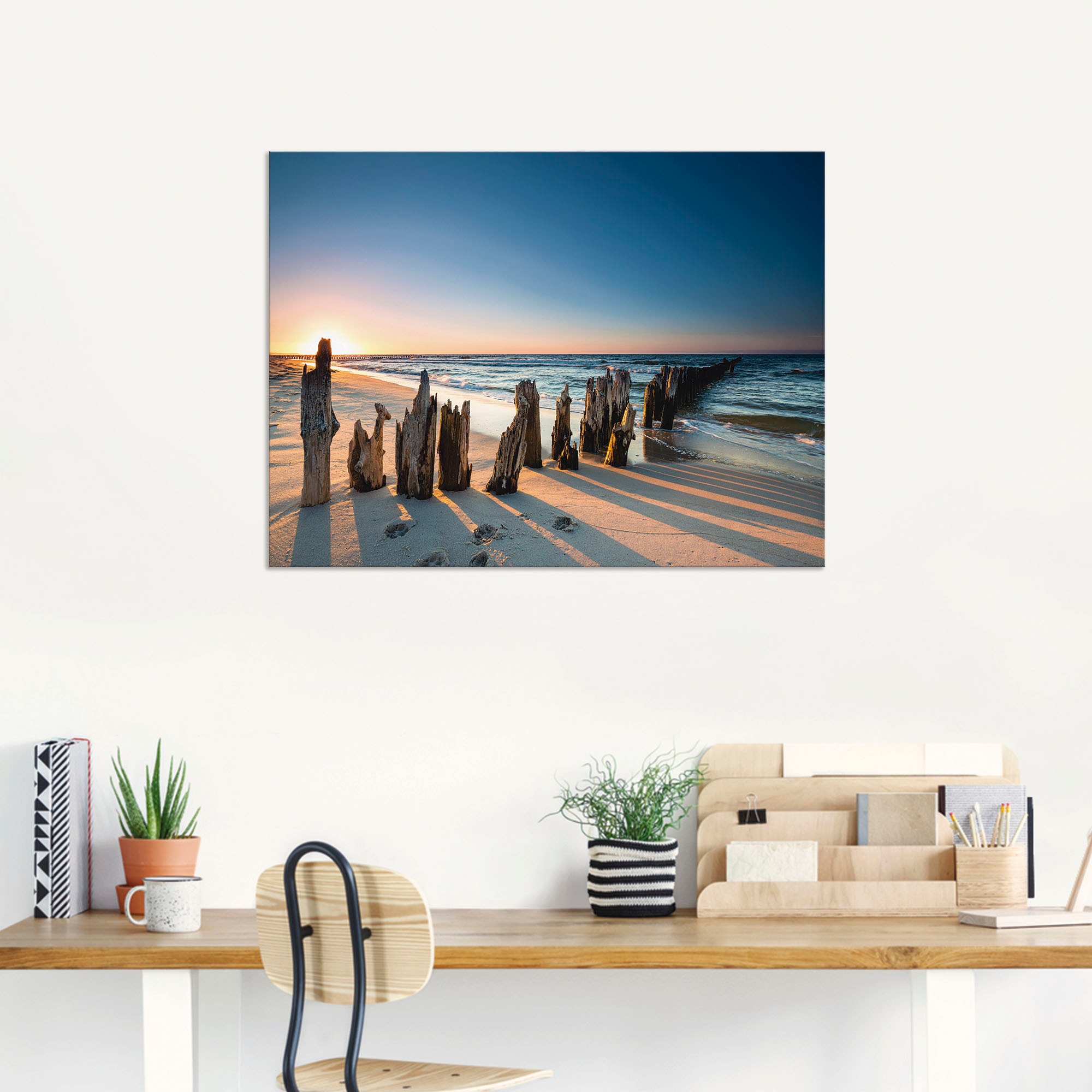 Artland Wandbild »Sonnenuntergang Strand Wellenbrecher«, Meer Bilder, (1 St.), als Alubild, Outdoorbild, Leinwandbild, Poster, Wandaufkleber