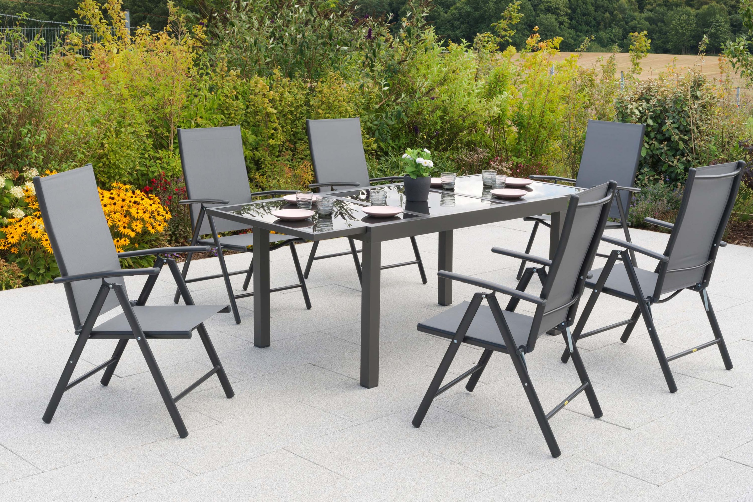 MERXX Garten-Essgruppe »Amalfi« Set, 7 tlg. inkl. 6 Klappsessel, 1 Ausziehtisch