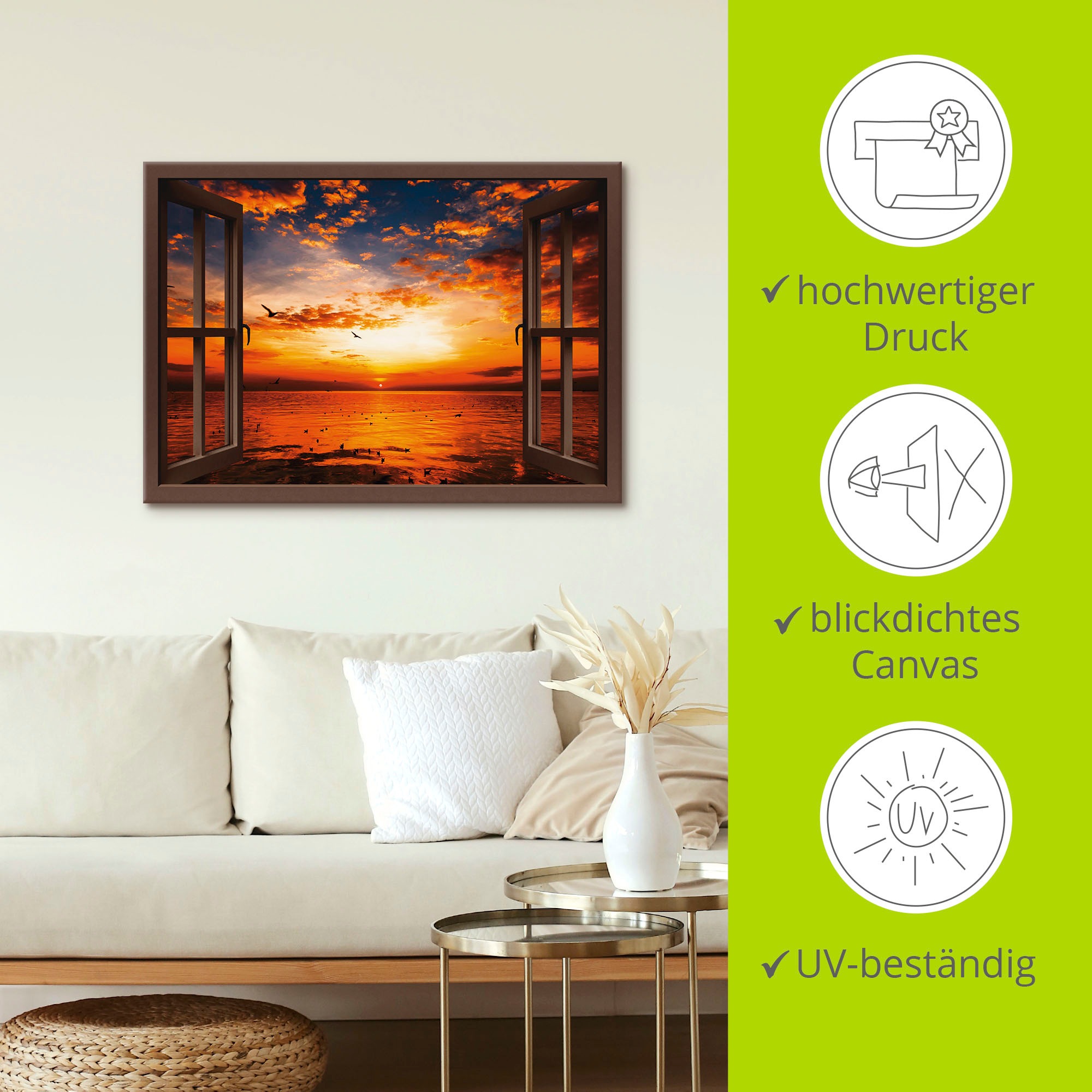 Artland Wandbild »Fensterblick Sonnenuntergang am Strand«, Fensterblick, (1 St.), als Leinwandbild, Poster, Wandaufkleber in verschied. Größen
