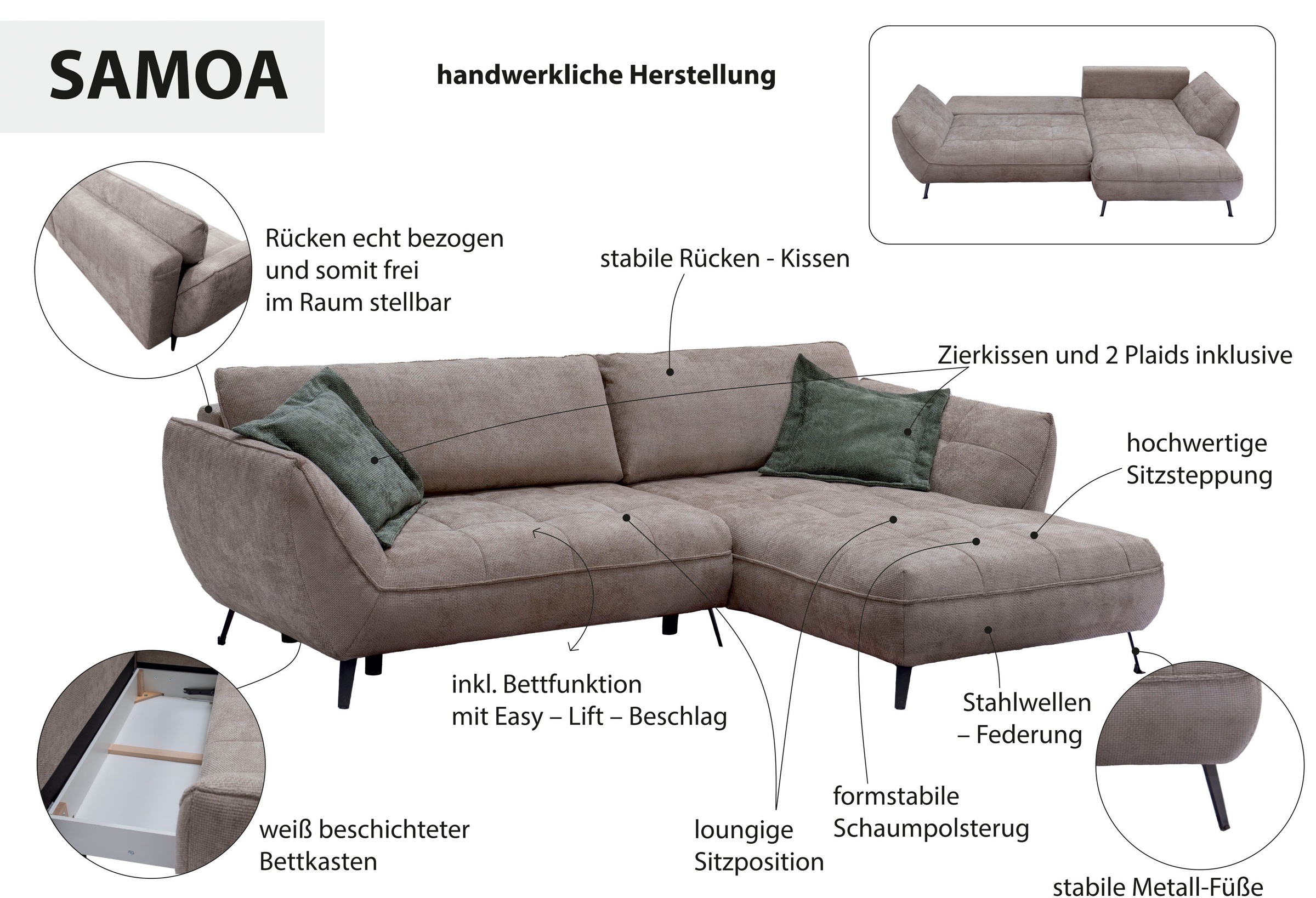 exxpo - sofa fashion Ecksofa »Samoa, bequem und modern, mit Easy-Lift-Bettfunktion, L-Form«, Ecksofa Samoa, inkl. Bettfunktion, Bettkasten und Rückenkissen