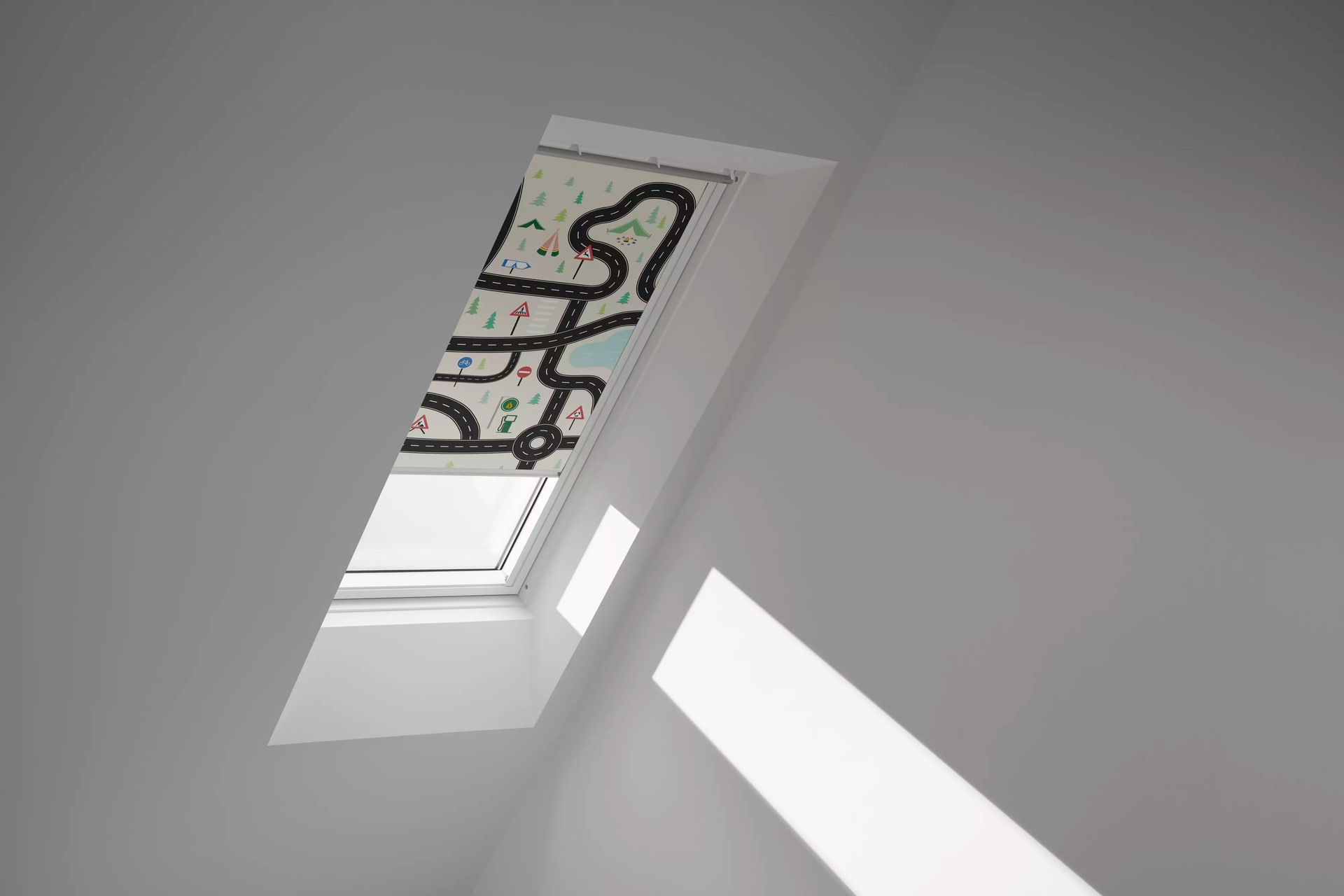 VELUX Verdunklungsrollo »DKL 4655SWL, Motiv: Kids Straßen«, verdunkelnd, ohne Bohren, in Führungsschienen, weiße Führungsschienen & Griffleiste