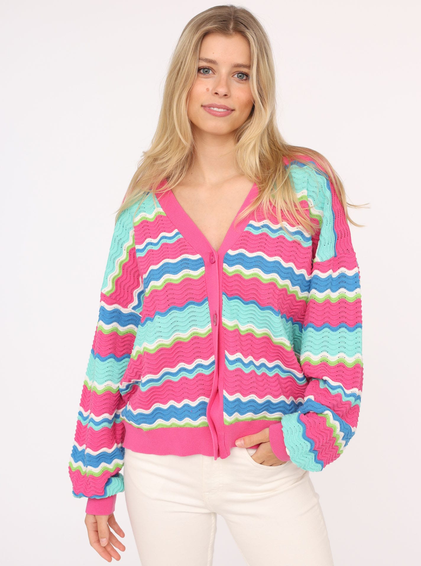 Zwillingsherz Strickjacke, Wellen-Muster, Langarm, V-Ausschnitt, Baumwolle, günstig online kaufen