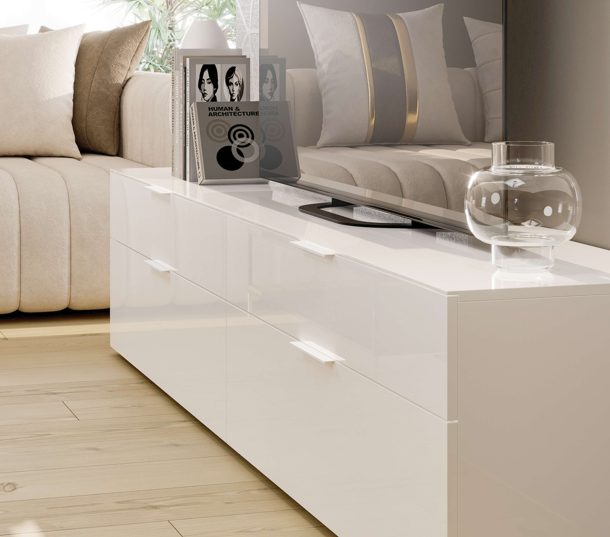 Home affaire Lowboard »ASSO, Lowboard, Anrichte, Kommode, Schrank, Hochglanz lackiert« 1 Stk. tlg. Breite 200 cm, Soft-Close Einzug, 2 Schubladen, 2 Klappen, Metallgriff