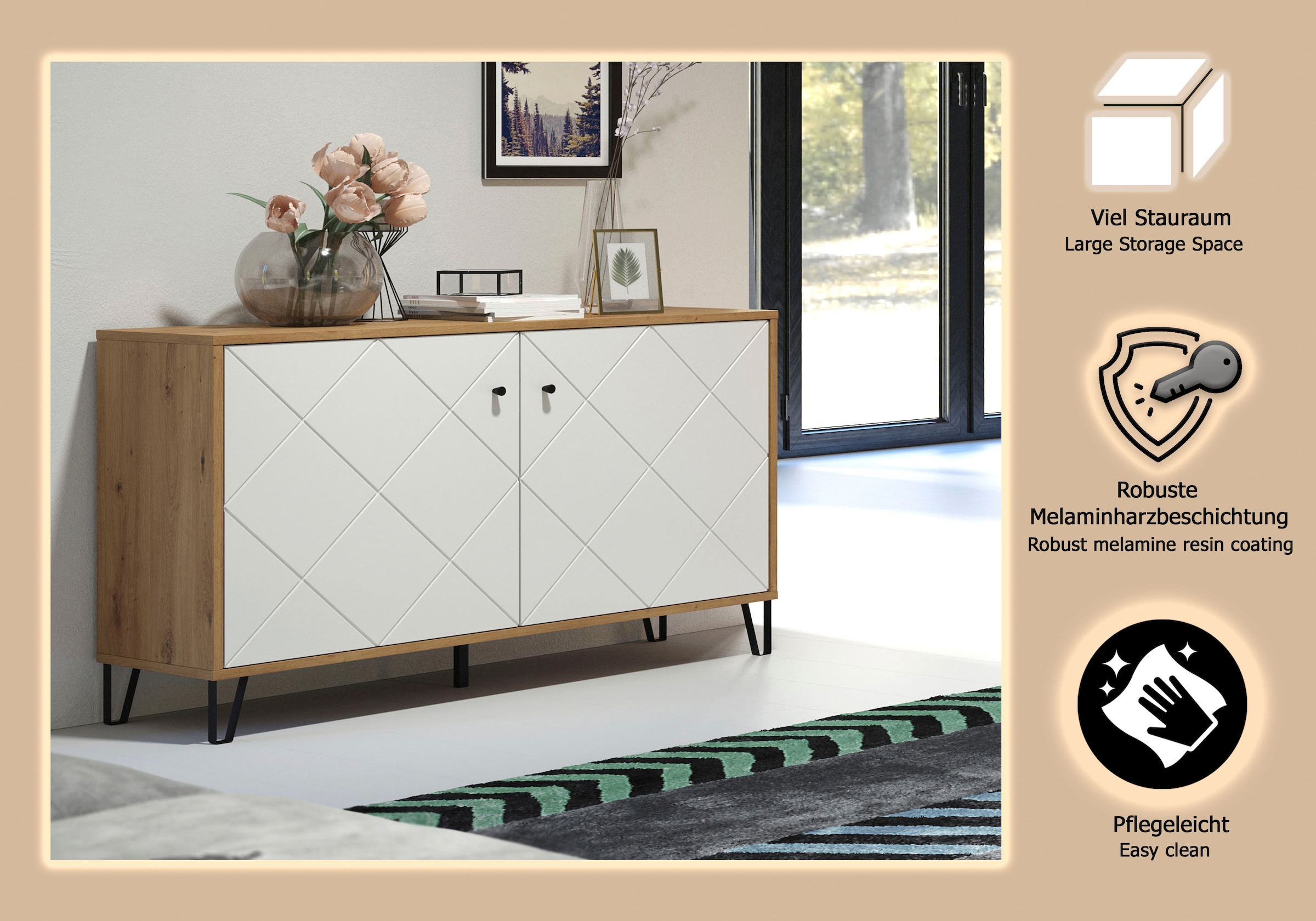 Places of Style Sideboard »Tarragona«, Sideboard mit 2 Türen & Soft-Close - (B/T/H) 123/40/76 cm