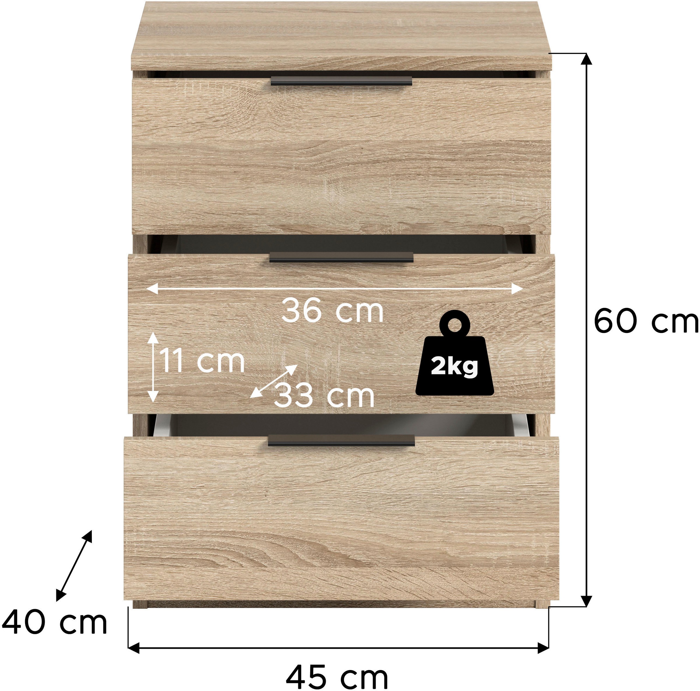 Home affaire Nachtkommode »Skarde Nachttisch Beistelltisch Kommode, Breite: 45 cm«, (1 St.), Skarde, Nachtkommode, 3 Schubkästen, Sonoma Eiche NB