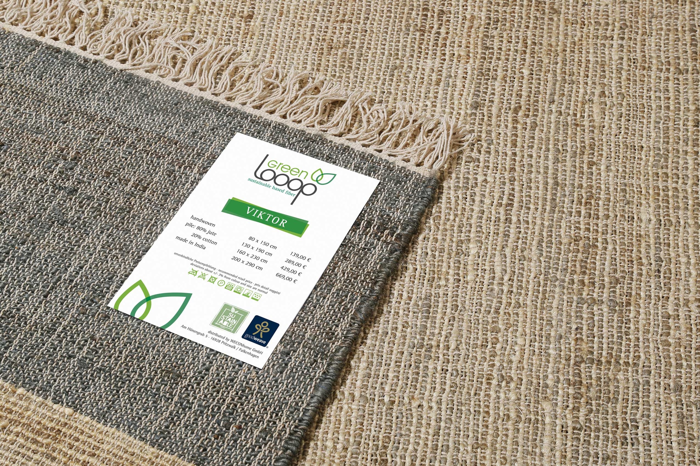 Green Looop Teppich »Viktor«, rechteckig, 4 mm Höhe, Jute handgewebt, Natur, Wohnzimmer, Schlafzimmer, modern, gestreift