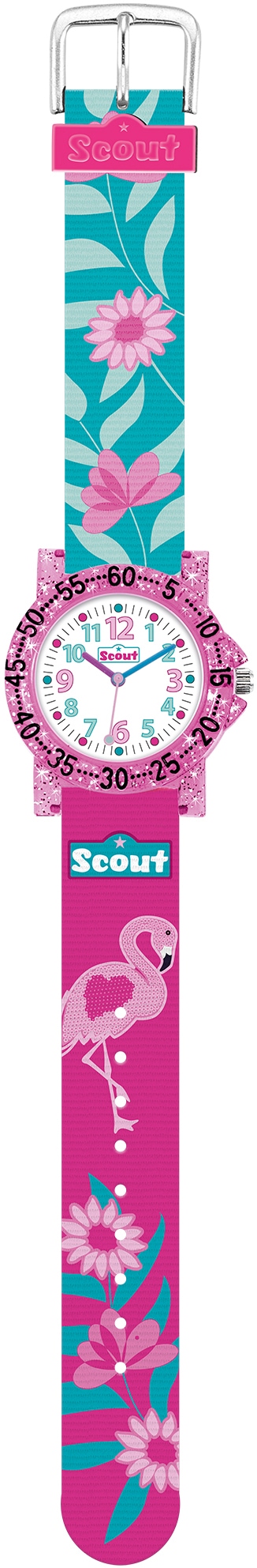 Scout Quarzuhr »The IT-Collection, 280375019«, Lernuhr, Flamingo-Blumenmotiv, Glitzer, ideal auch als Geschenk