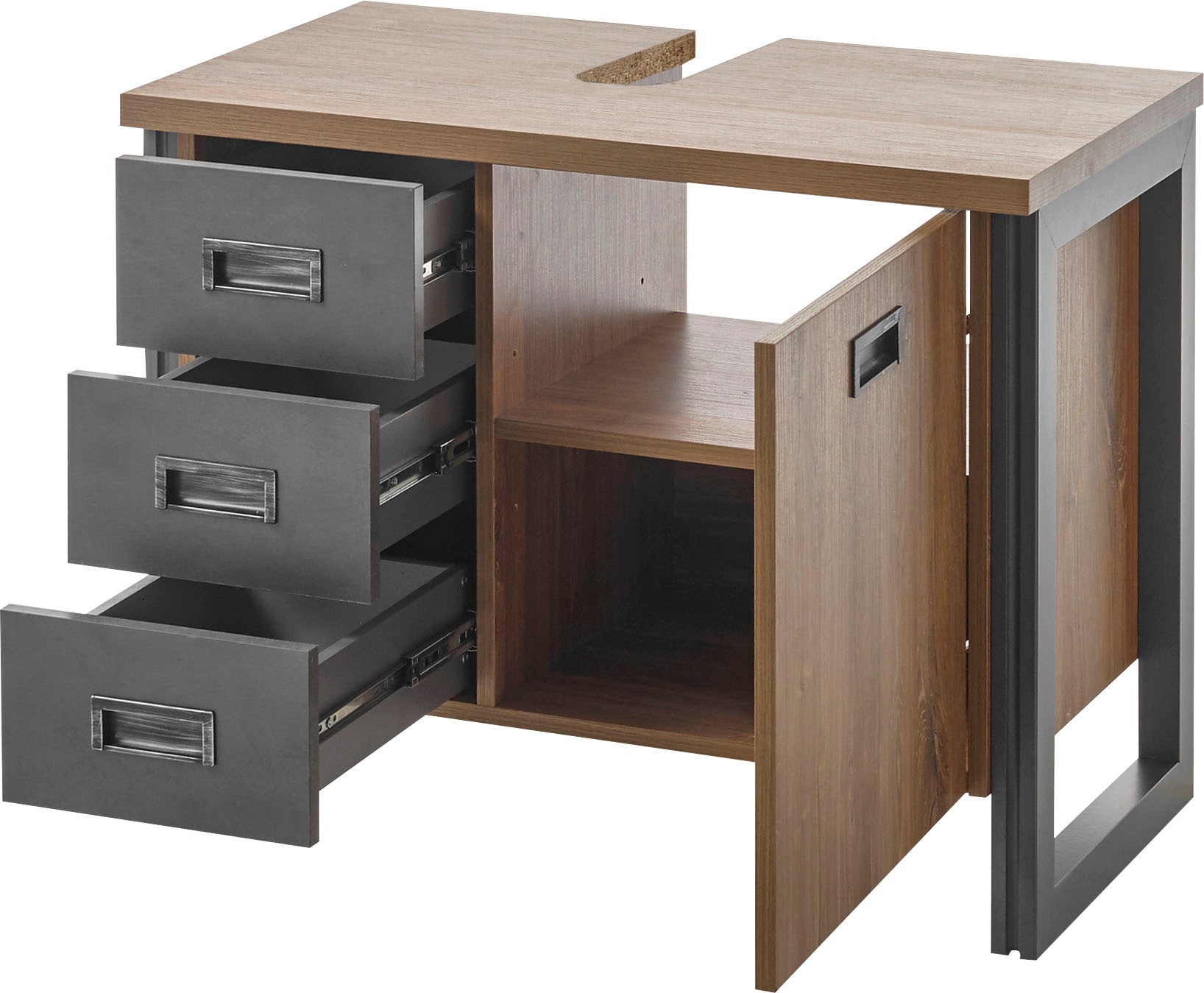 Home affaire Badmöbel-Set »Detroit, Bad im Industrialdesign, inkl. LED, 2-teiliges Badezimmer«, (2 St.), Waschbeckenunterschrank und Spiegel, holzfarben, mit Stauraum