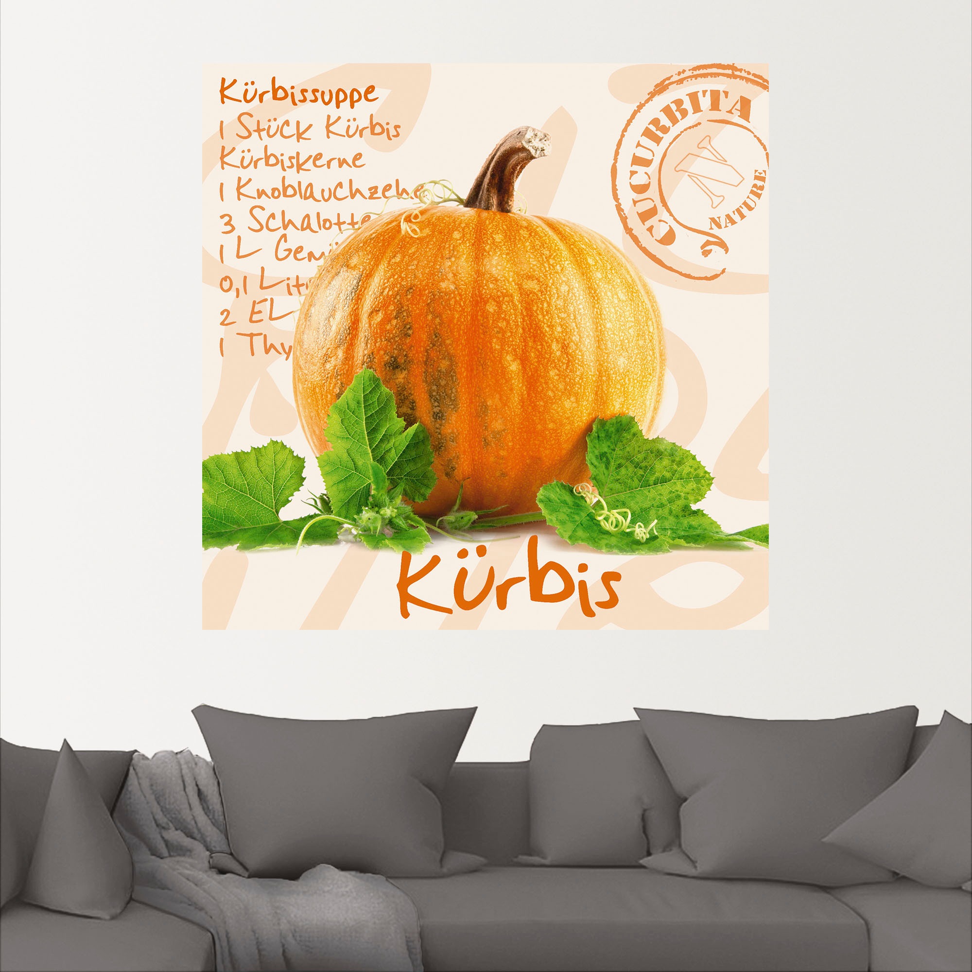 Artland Wandbild "Gelber Kürbis mit grünen Blättern", Lebensmittel, (1 St.) günstig online kaufen