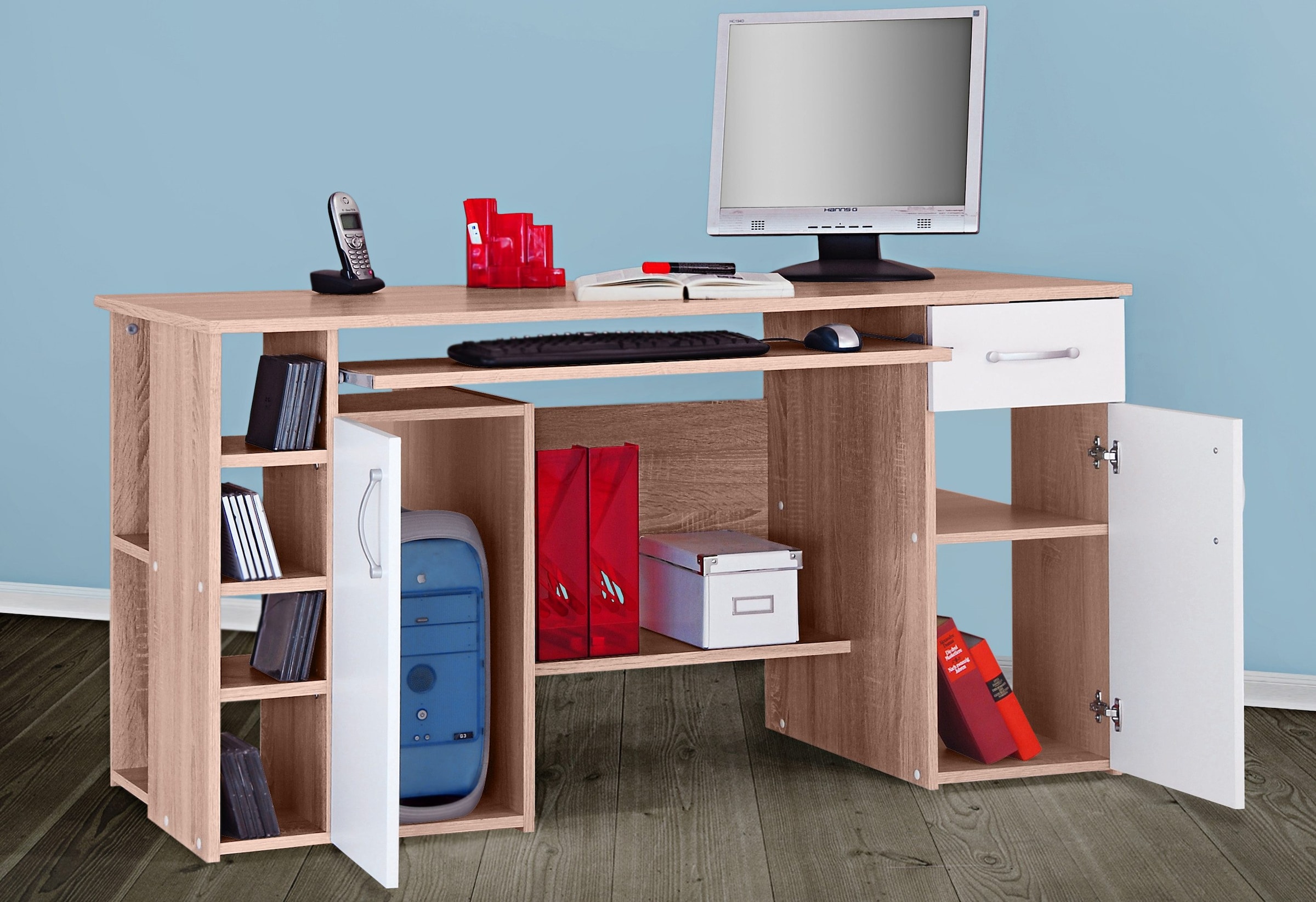 VOGL Möbelfabrik Schreibtisch »Tim mit seitlich offenen Fächern & Tastaturauszug,«, Druckerablage, 1 Schublade, Breite 138 cm, Made in Germany