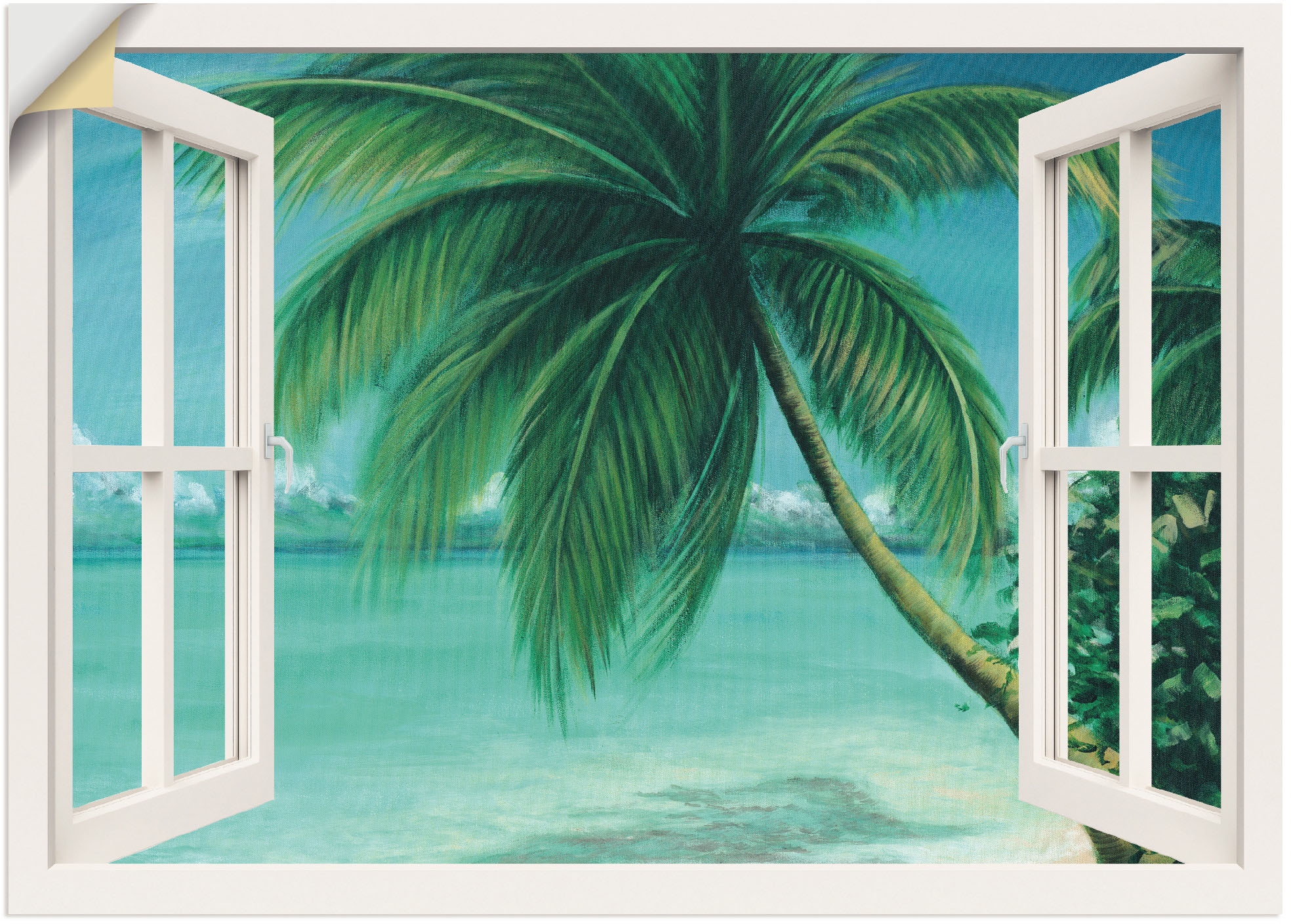 Artland Wandfolie "Fensterblick - Palmenstrand", Fensterblick, (1 St.), selbstklebend