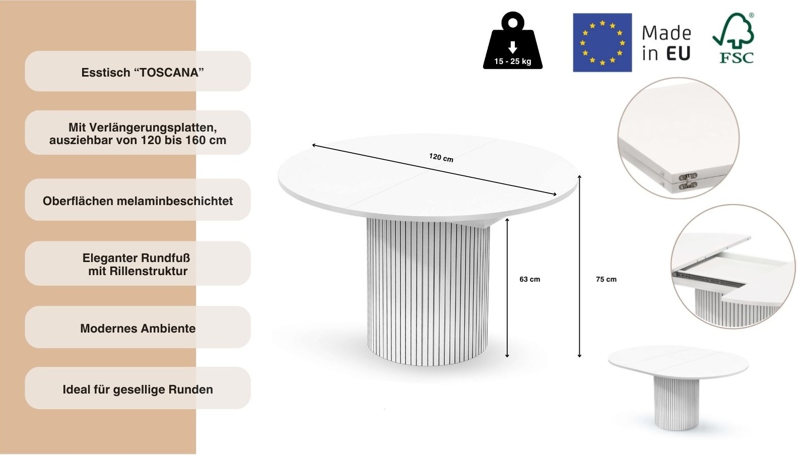 WOODMAN Toscana Table à Manger Blanche 120cm 2