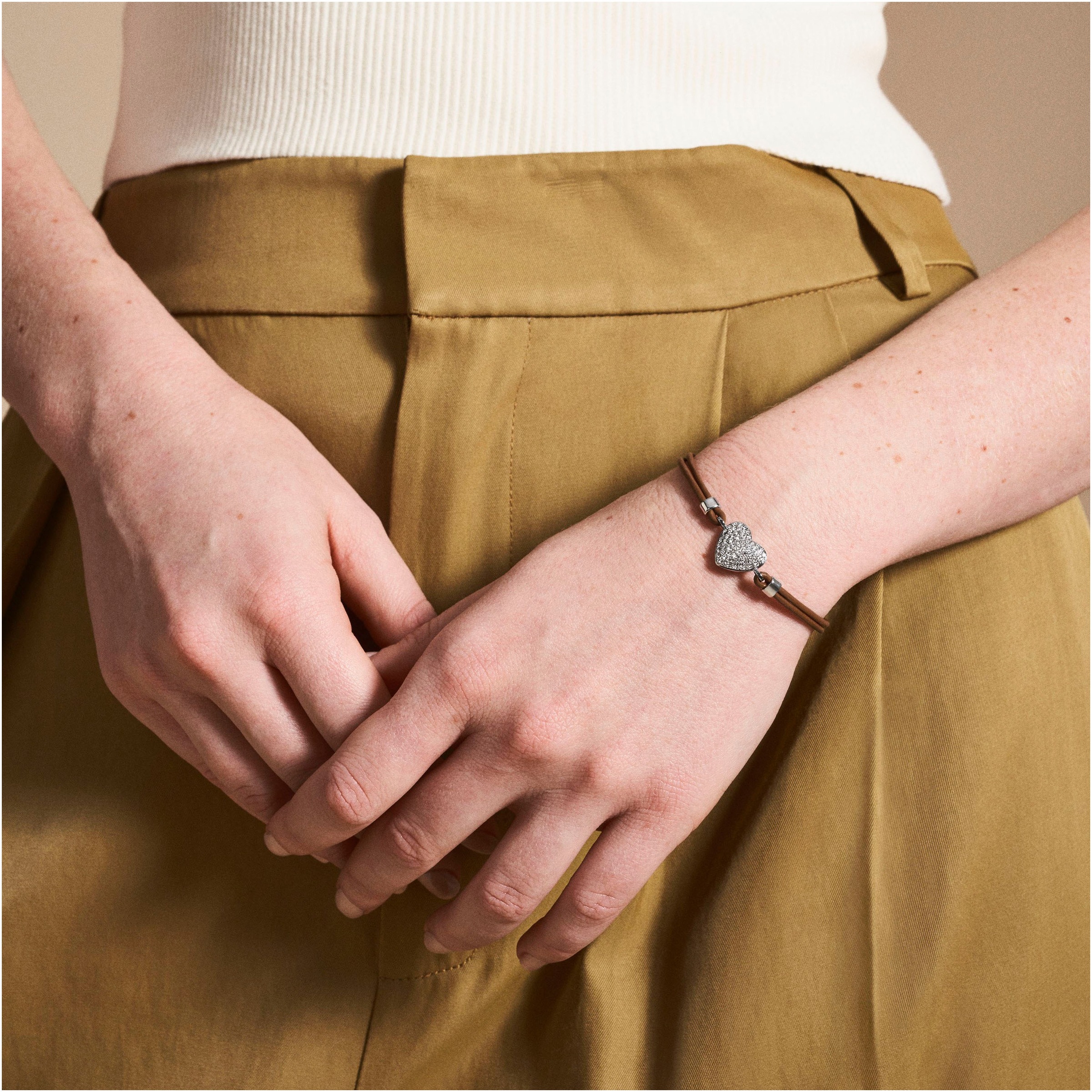 Armband FOSSIL "Schmuck Geschenk Edelstahl Leder Armschmuck SADIE Herz", braun (edelstahlfarben, braun), Armbänder, Damen, 21,6cm, Edelstahl Leder, Edelstahl, Leder, Armband 4
