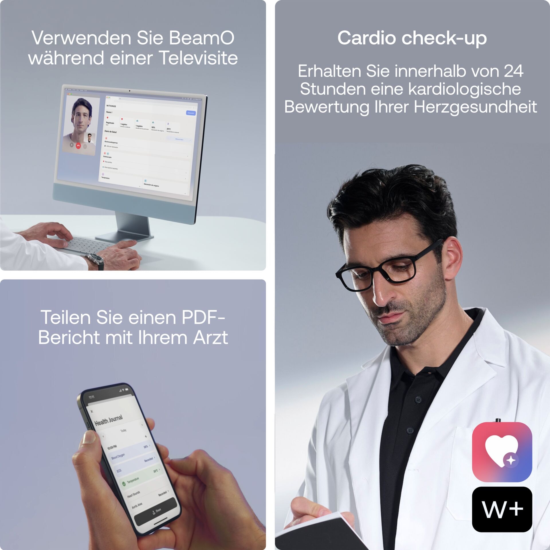 Withings Fieberthermometer »»BeamO 4-in-1« Gesundheits-MultiScan mit EKG-Aufzeichnung«, Herz- & Lungenauskultation, Sauerstoffsättiungs- & Temperaturmessung