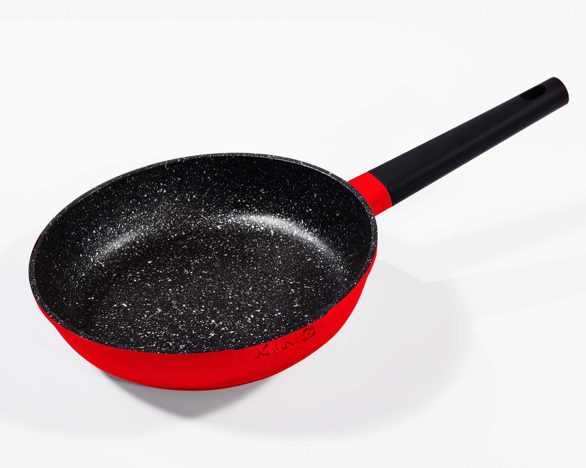 KING Pfannen-Set "Shine Red" Aluminiumguss Set, je 1 Bratpfanne Ø 20/24/28 cm, H: 5/5,5/6 cm, - 1/1,9/2,5 l, 3 Stk. tlg. Induktion, mit 6-teiligem Messerblock