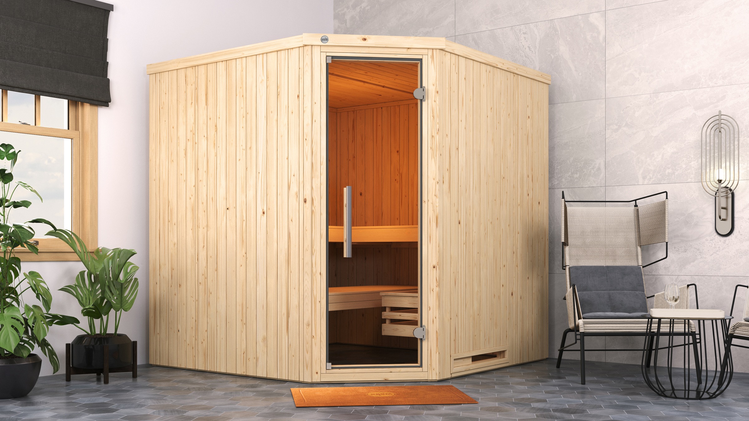 weka Sauna »Element-Ecksauna VARBERG 3«, vorgefertigte Elemente, moderne Ganzglastür