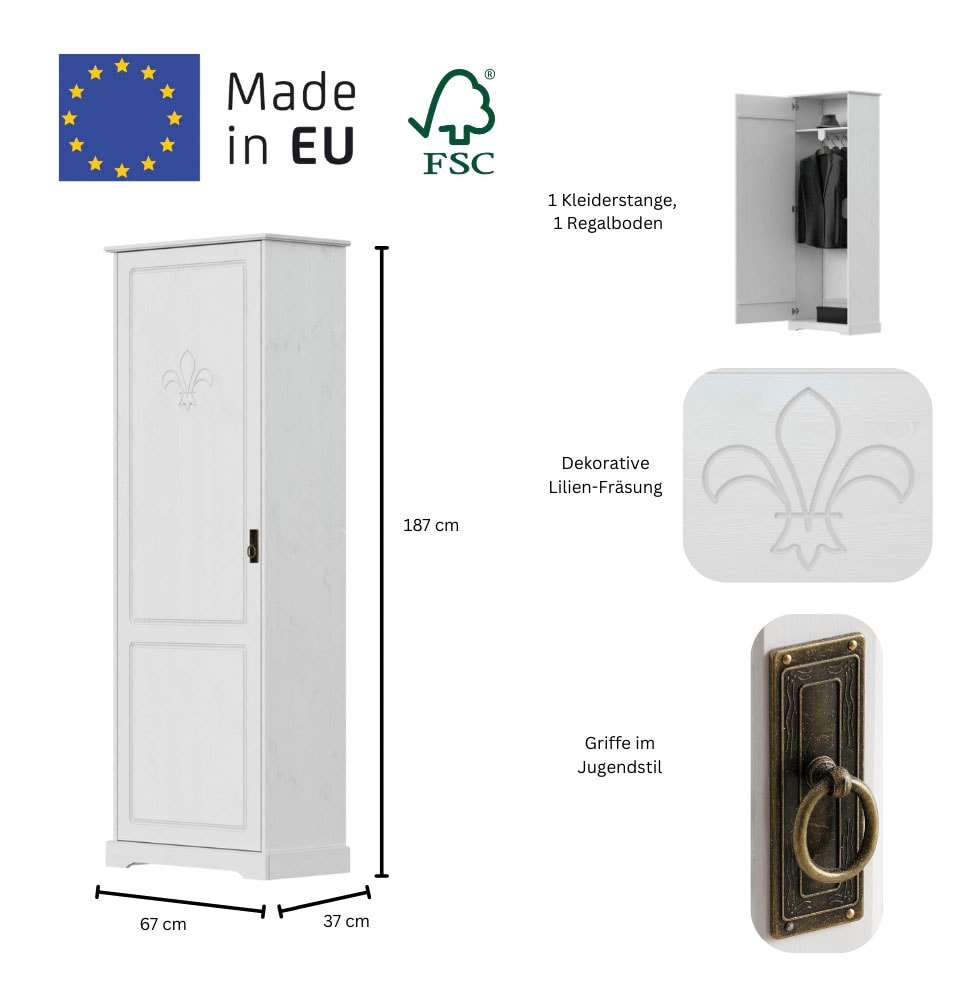Home affaire Garderobenschrank »Lille Mehrzweckschrank Breite/Höhe: 67/187 cm«, aus massiver Kiefer, mit schöner Lilien-Fräsung, Jugendstil-Griffe
