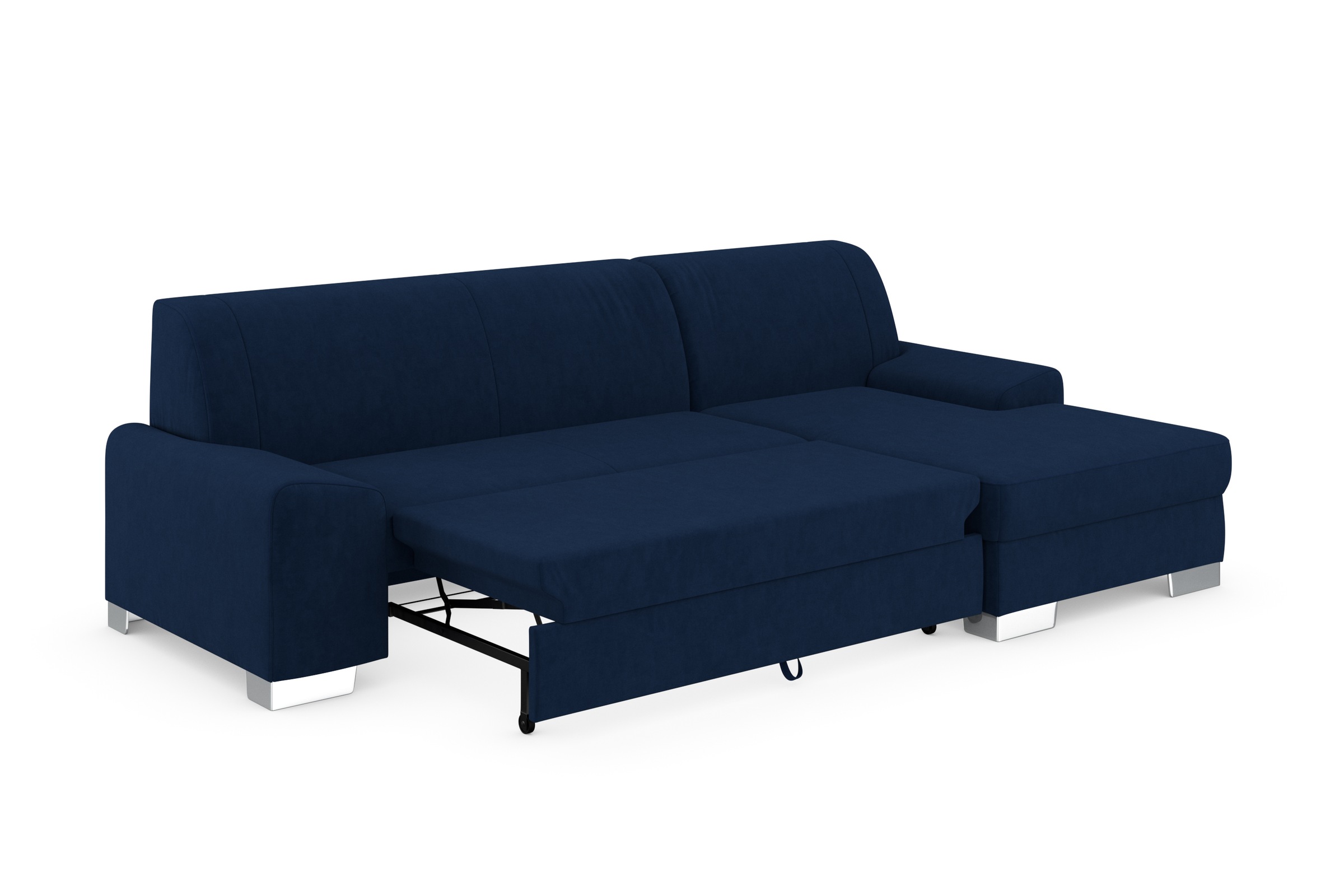 DOMO collection Ecksofa »Anzio L-Form, whlw. Bettfunktion, Federkern, hochwertig, Breite 271 cm«, Mit Bettfunktion, Recamiere rechts, Samtoptik, marine