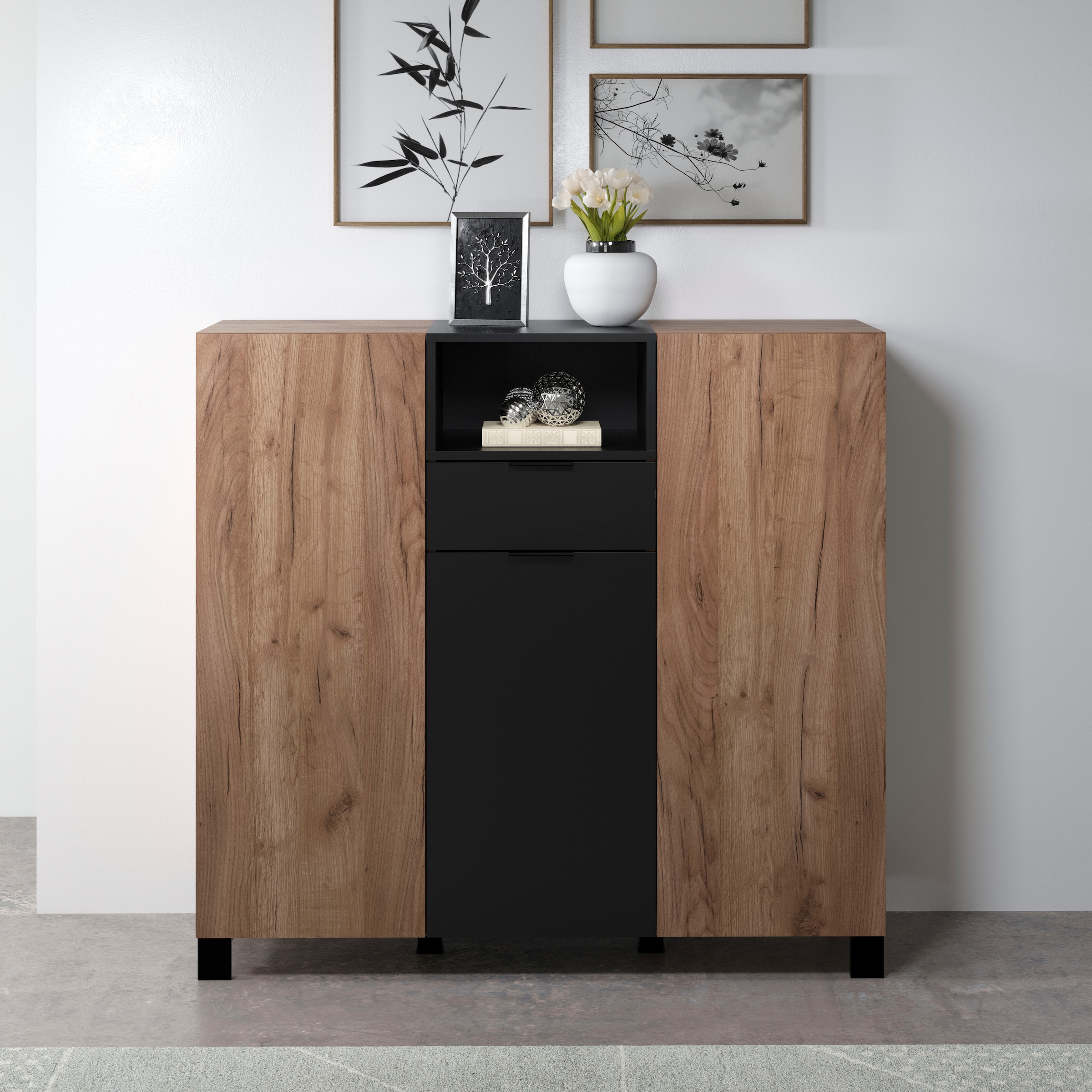 INOSIGN Highboard »Kriens«, Hochschrank Eiche, hellbraun / schwarz matt, Breite 125cm, Höhe 117cm