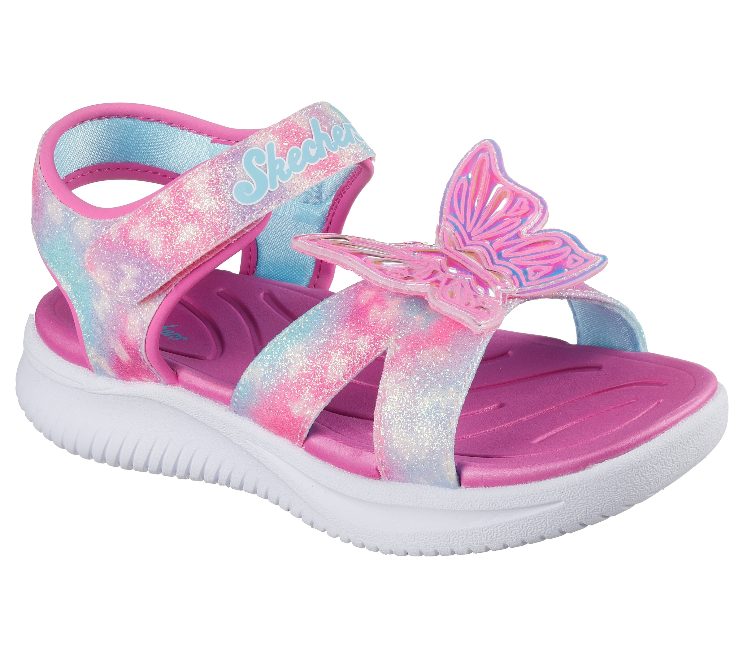 Sandale SKECHERS "JUMPSTERS SANDAL-BUTTERFLY BRITES", Mädchen, Gr. 28, rosa, hellblau, Lederimitat, Glitzer, kontrastfarbene Details, Schuhe Sandale, Sommerschuh mit Schmetterling, Größenschablone zum Download