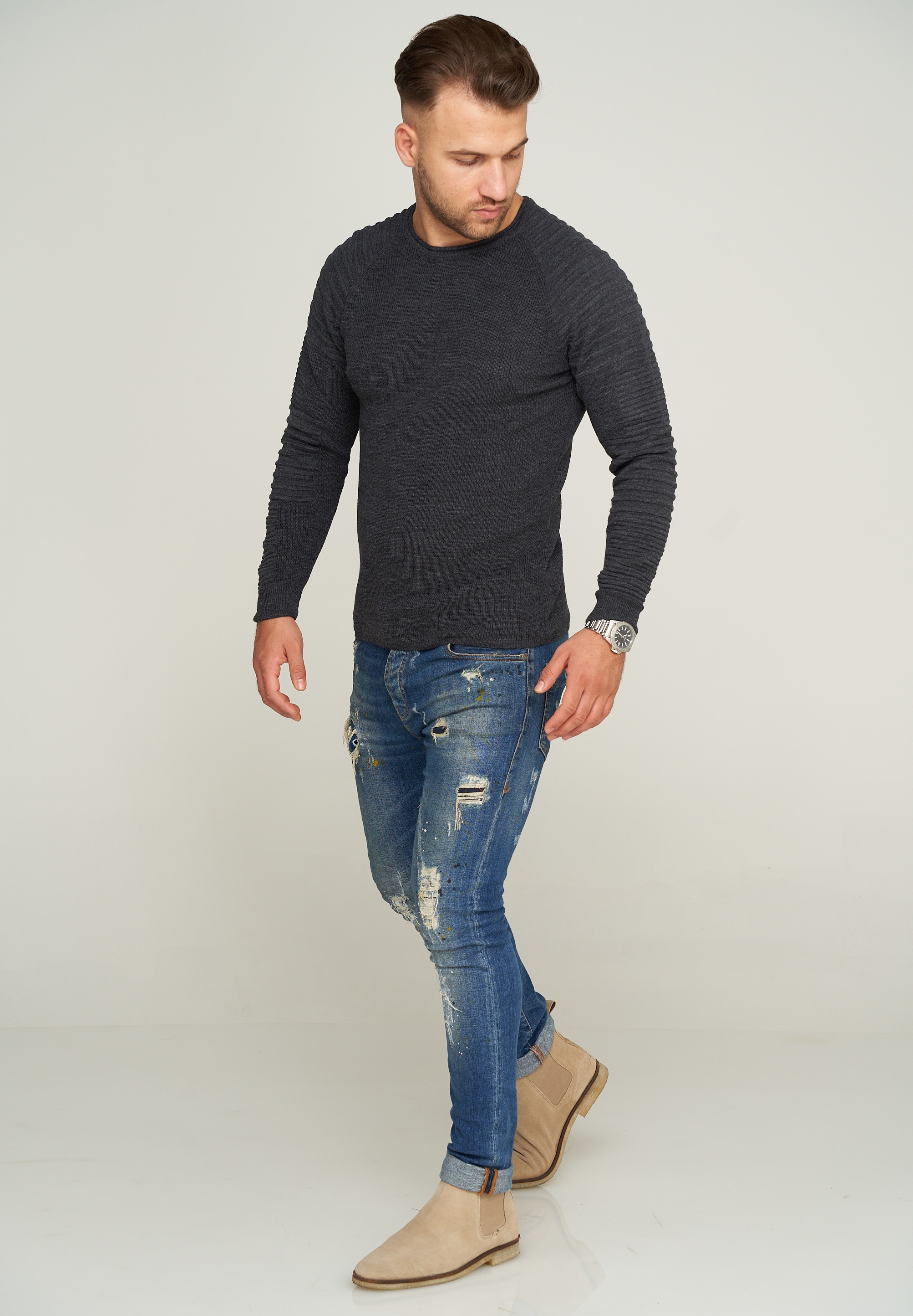 behype Strickpullover »MKstep91«, mit Biker-Steppung