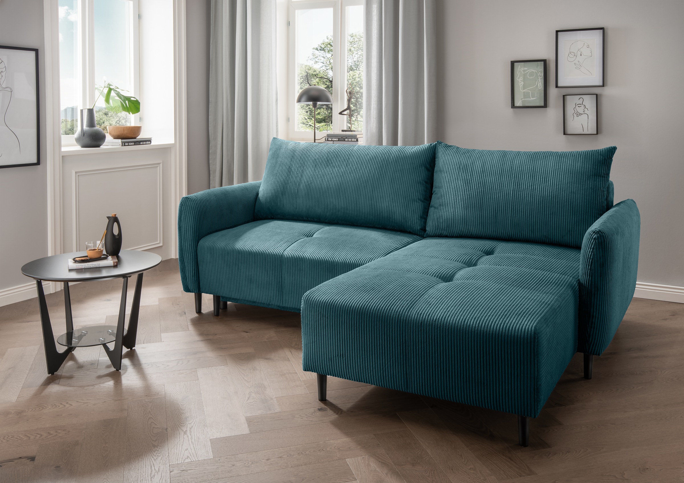 INOSIGN Ecksofa »Mara, aktueller Cord Bezug, wahlweise mit Bett und Bettkasten«, mit schmalen Armlehnen, Recamiere links und rechts montierbar, L-Form