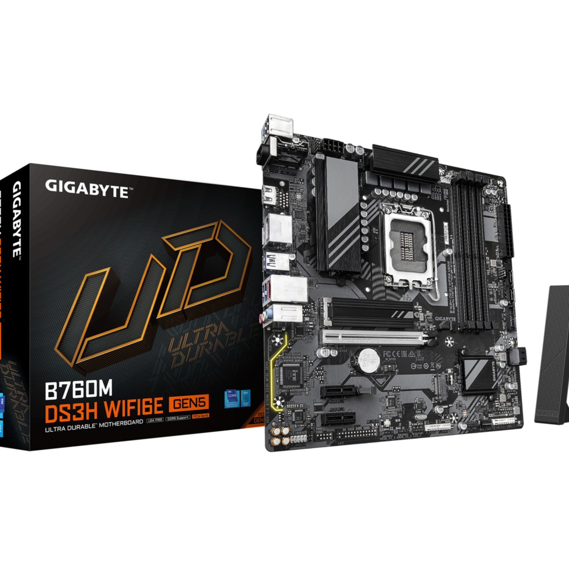 GIGABYTE Mainboard "B760M DS3H WIFI6E GEN5 Mainboard – Unterstützt Intel Core Prozessoren", B:27,2cm H:6,7cm T:26,7cm, schwarz, Mainboards