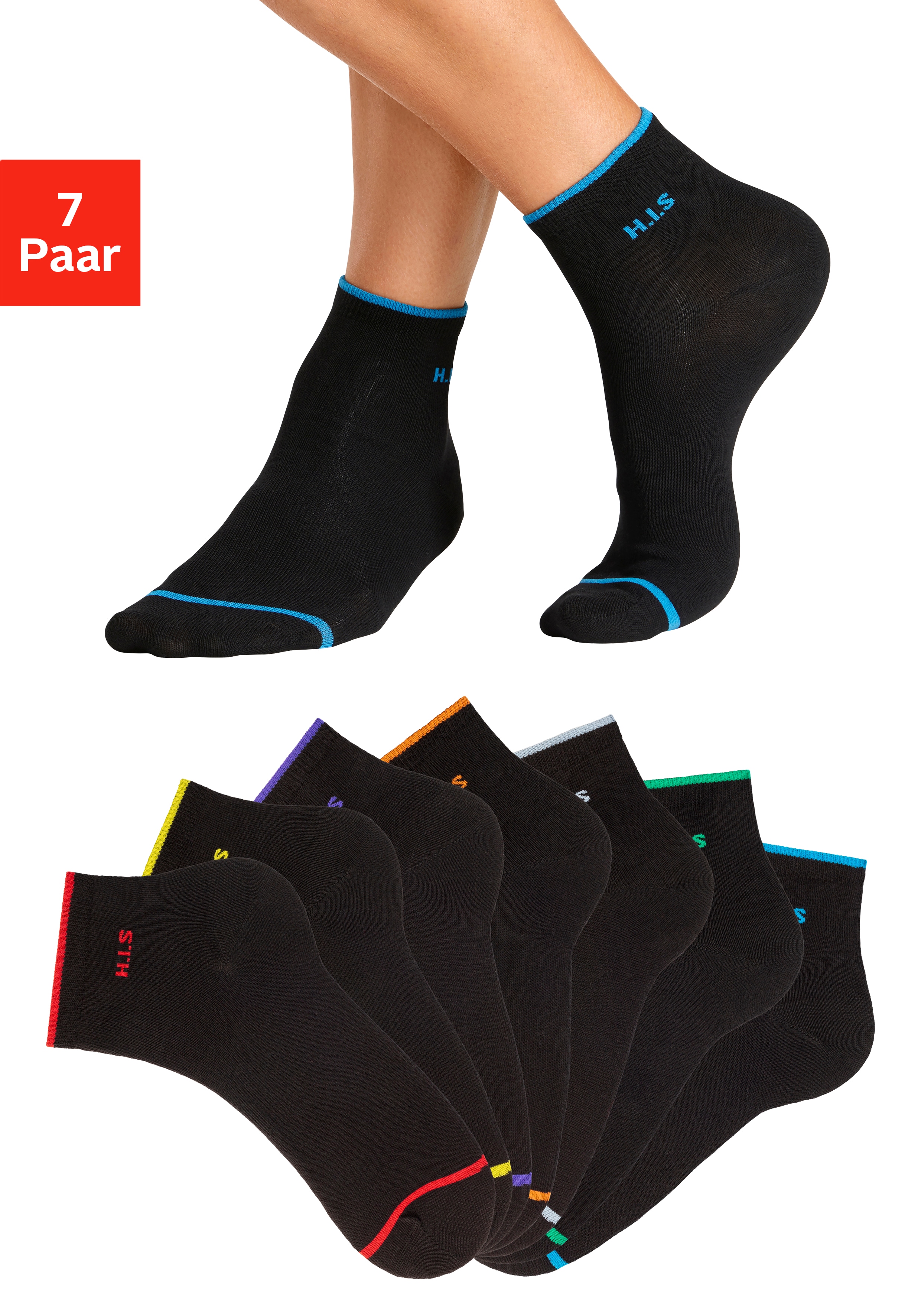 H.I.S Kurzsocken "Herren Kurzschaft Socken sportliche Freizeitsocken Knöchelsocken" Packung, 7 Stk. tlg. mit farbigen Ringel am Bündchen