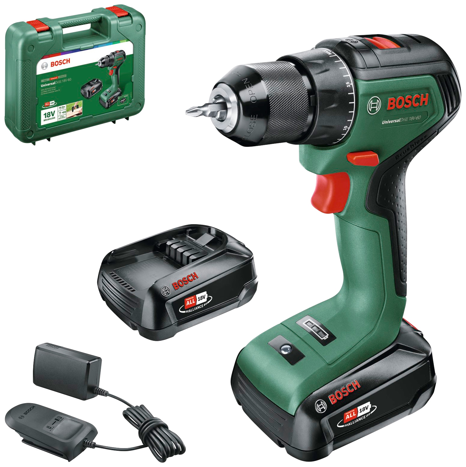 Bosch Home & Garden Akku-Bohrschrauber "UniversalDrill 18V-60", Inkl. Koffer, mit 2 Akkus 18V/2Ah und Ladegerät