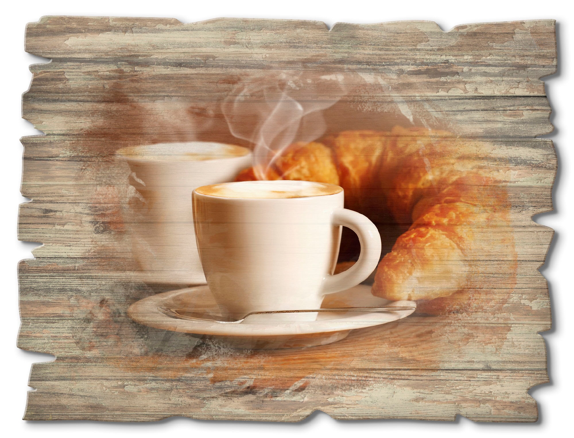 Holzbild »Dampfender Cappuccino und Croissant«, Getränke, (1 St.)