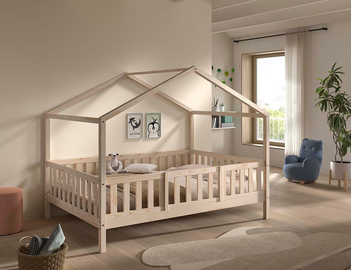 Vipack Hausbett »Dallas, Massivholzbett mit Dachaufbau umbaubar vom Boden- zum Daybett« inkl. Lattenrost, Rausfallschutz, Sprossen, 90 oder 140x200 cm breit,  stabil und standfest gebaut, wahlweise Kiefer massiv natur oder weiß