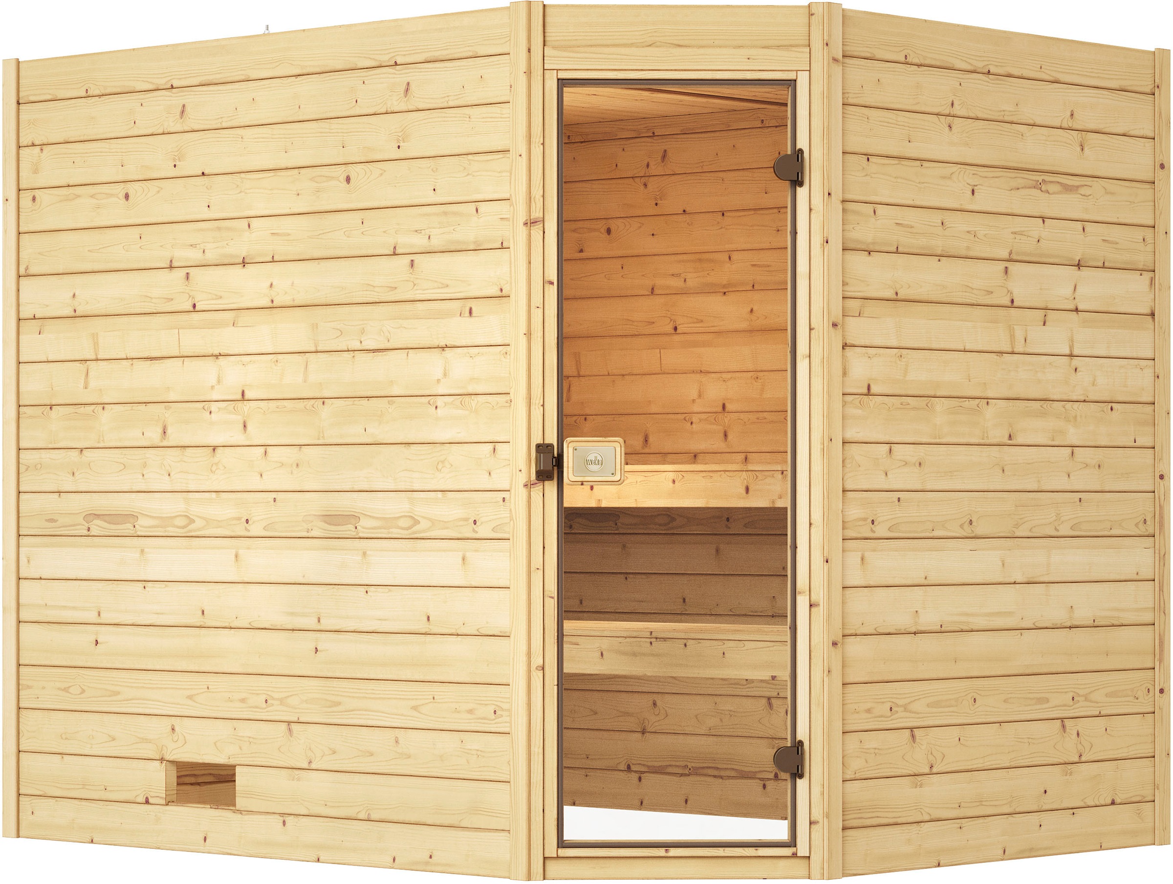 weka Sauna »Massivholzsauna VALIDA Eck 3«, Blockbohlen, moderne Ganzglastür, Eckeinstieg