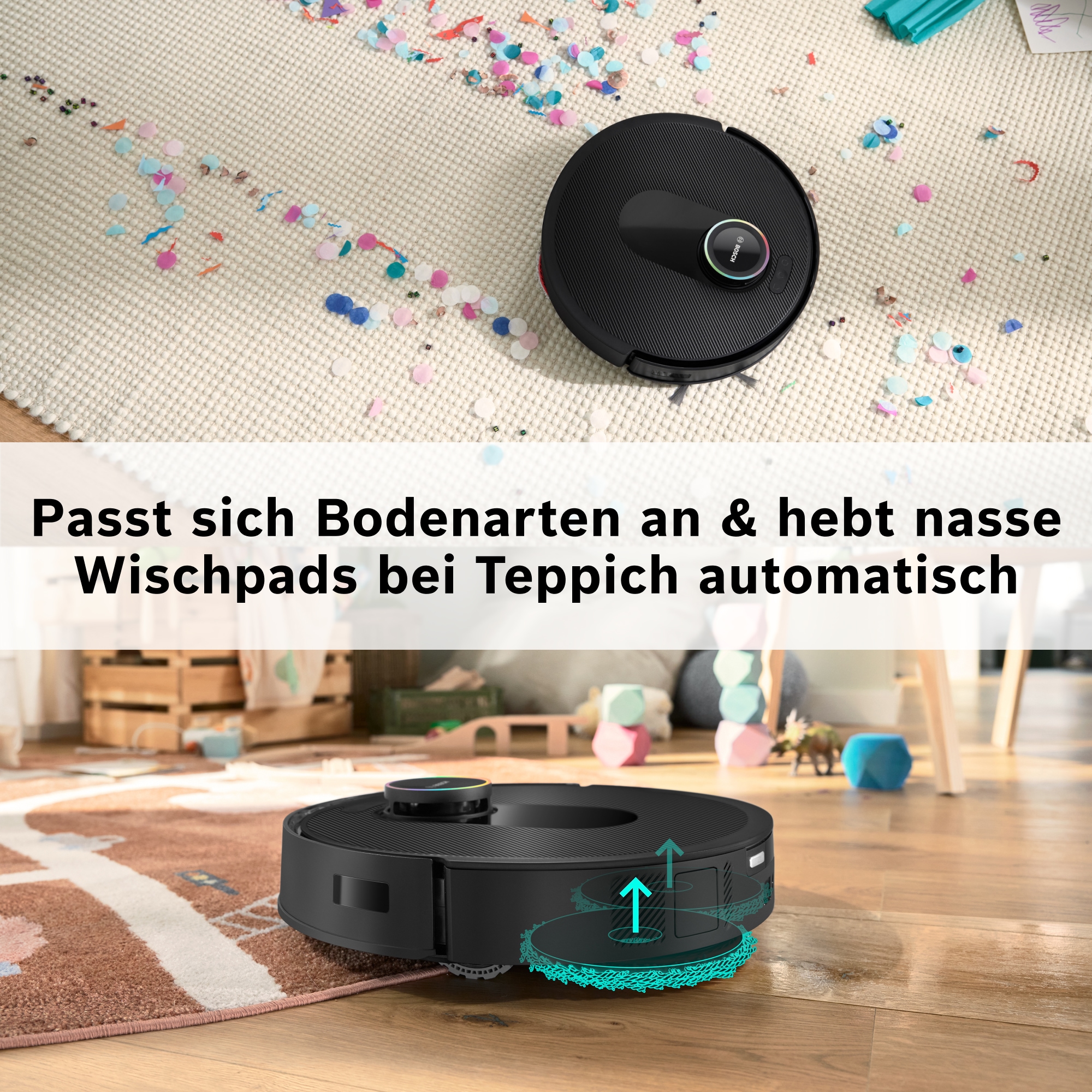 BOSCH Saugroboter »Spotless Max Cam BCRDW3BX, rotierende Wischpads, 70°C Selbstreinigung«, Datensicherheit, 11.000 Pa Saugkraft, Absaugstation, Kamera