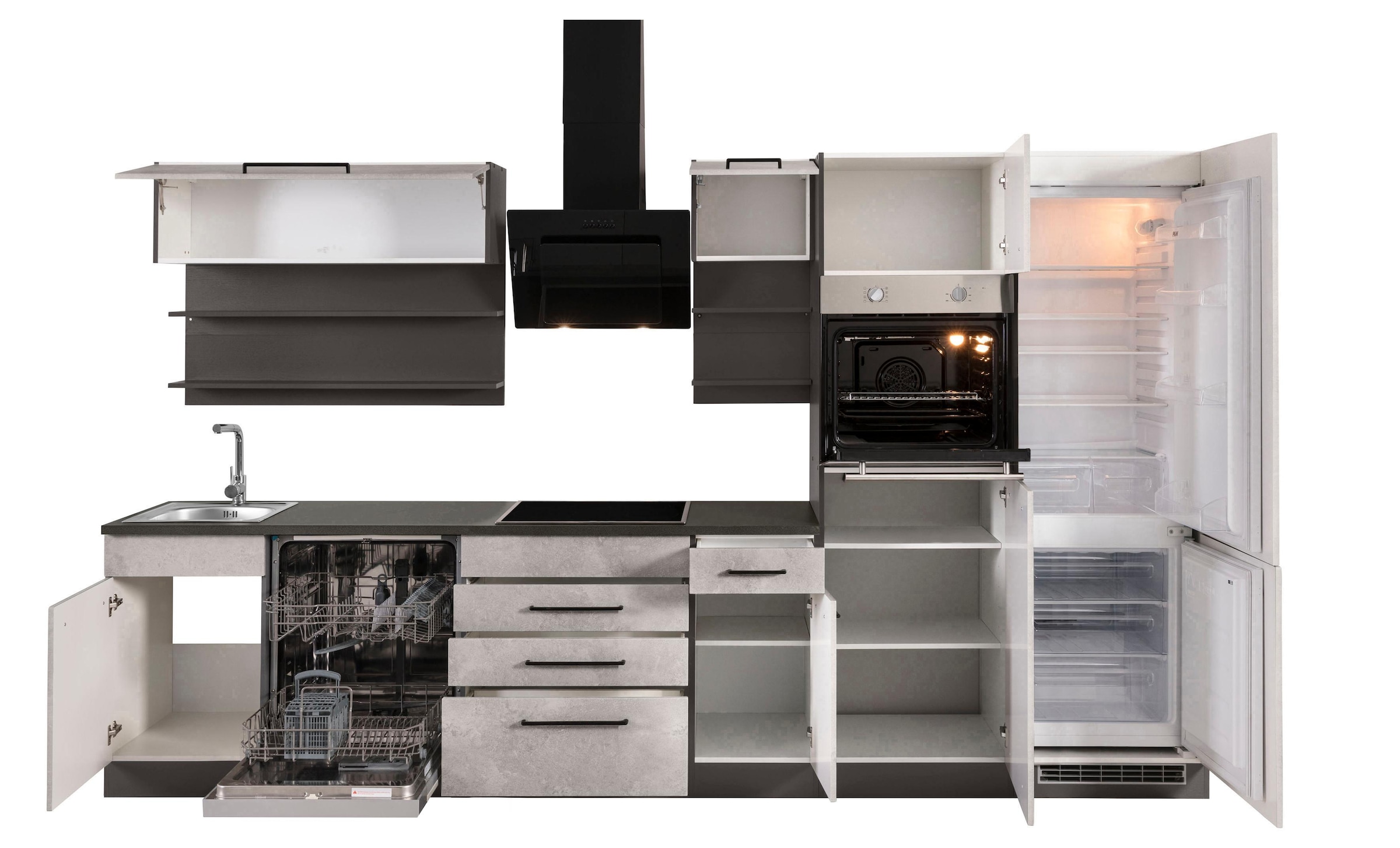 KOCHSTATION Küchenzeile »KS-Tulsa«, mit E-Geräten, Breite 330 cm, schwarze Metallgriffe, MDF Fronten