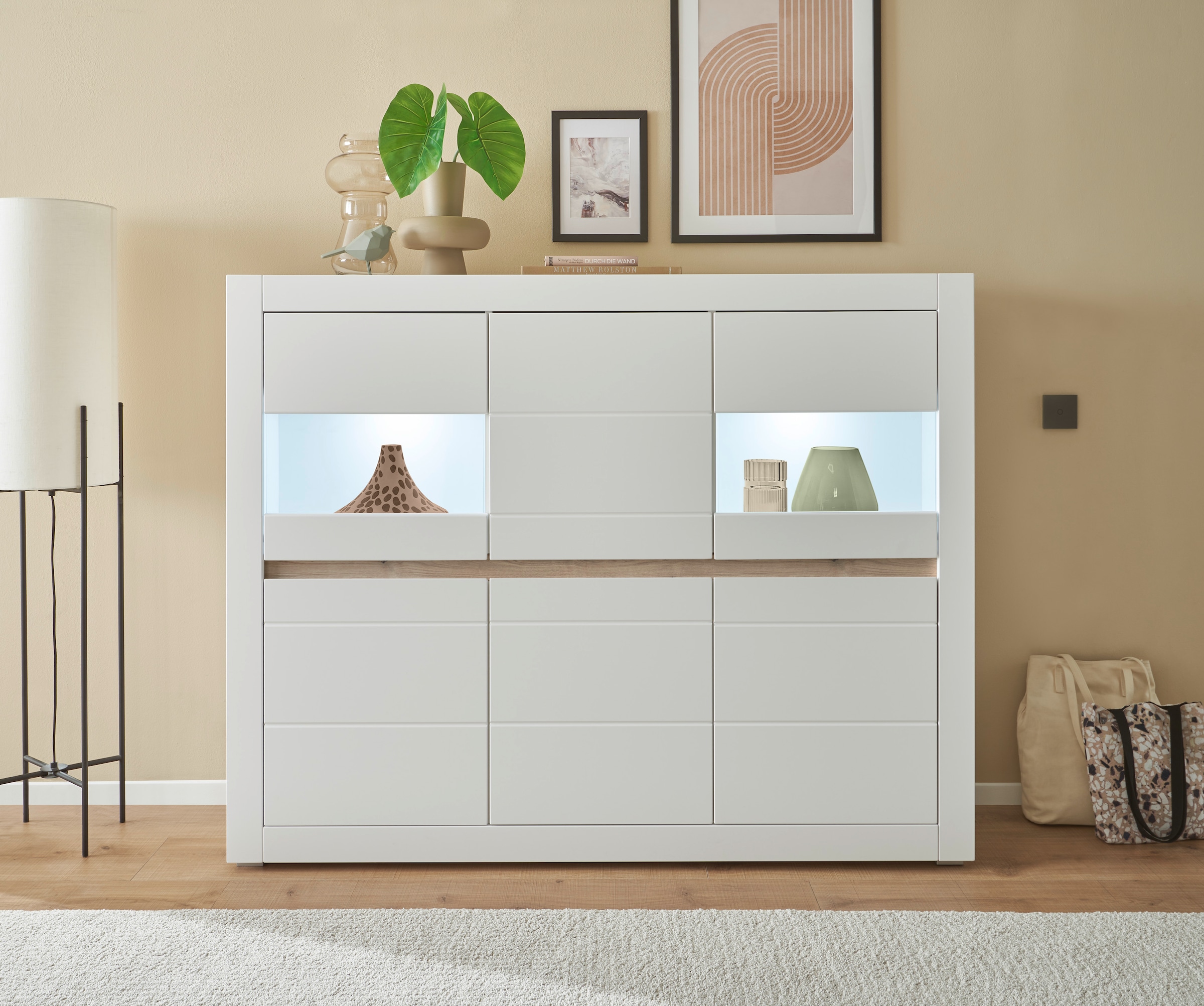 INOSIGN Highboard "Chester, moderne Kommode, Schrank mit Stauraum, Sideboard in Weiß Matt", (1 St.), austauschbare Blend