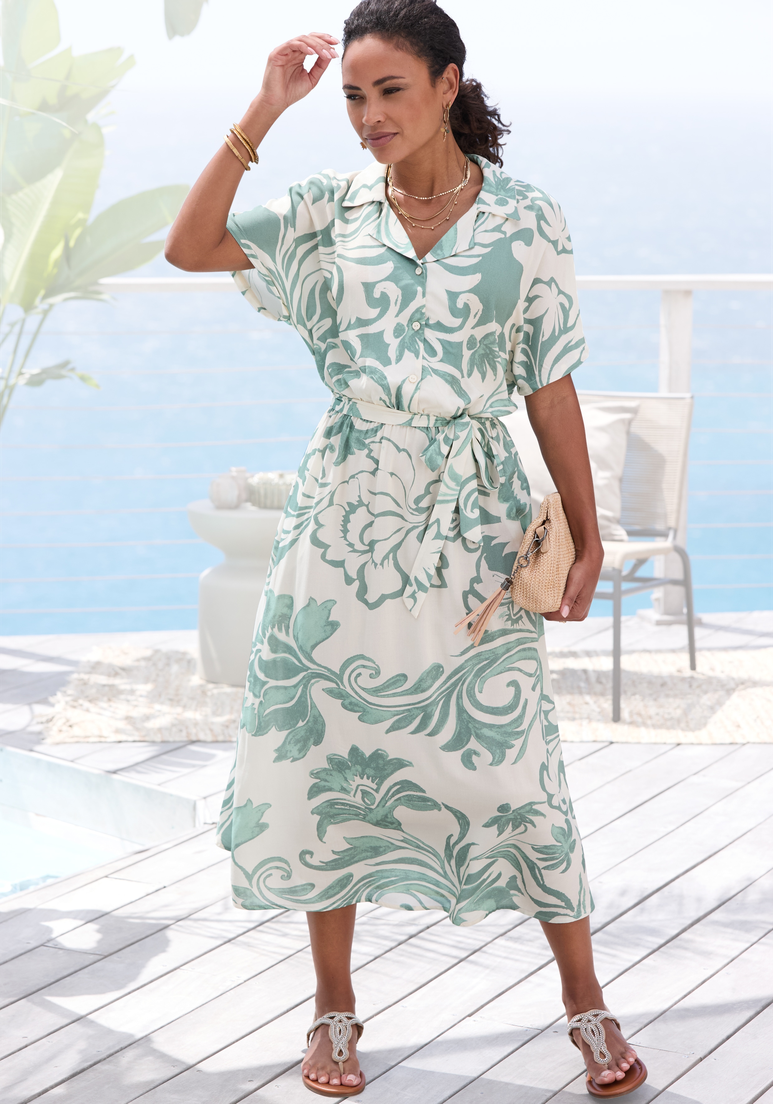 Vivance Midikleid "mit Alloverdruck aus gewebter Viskose" Seitennahttaschen, leichtes Sommerkleid, Webkleid mit kurzen Ärmeln, Hemdblusenkleid