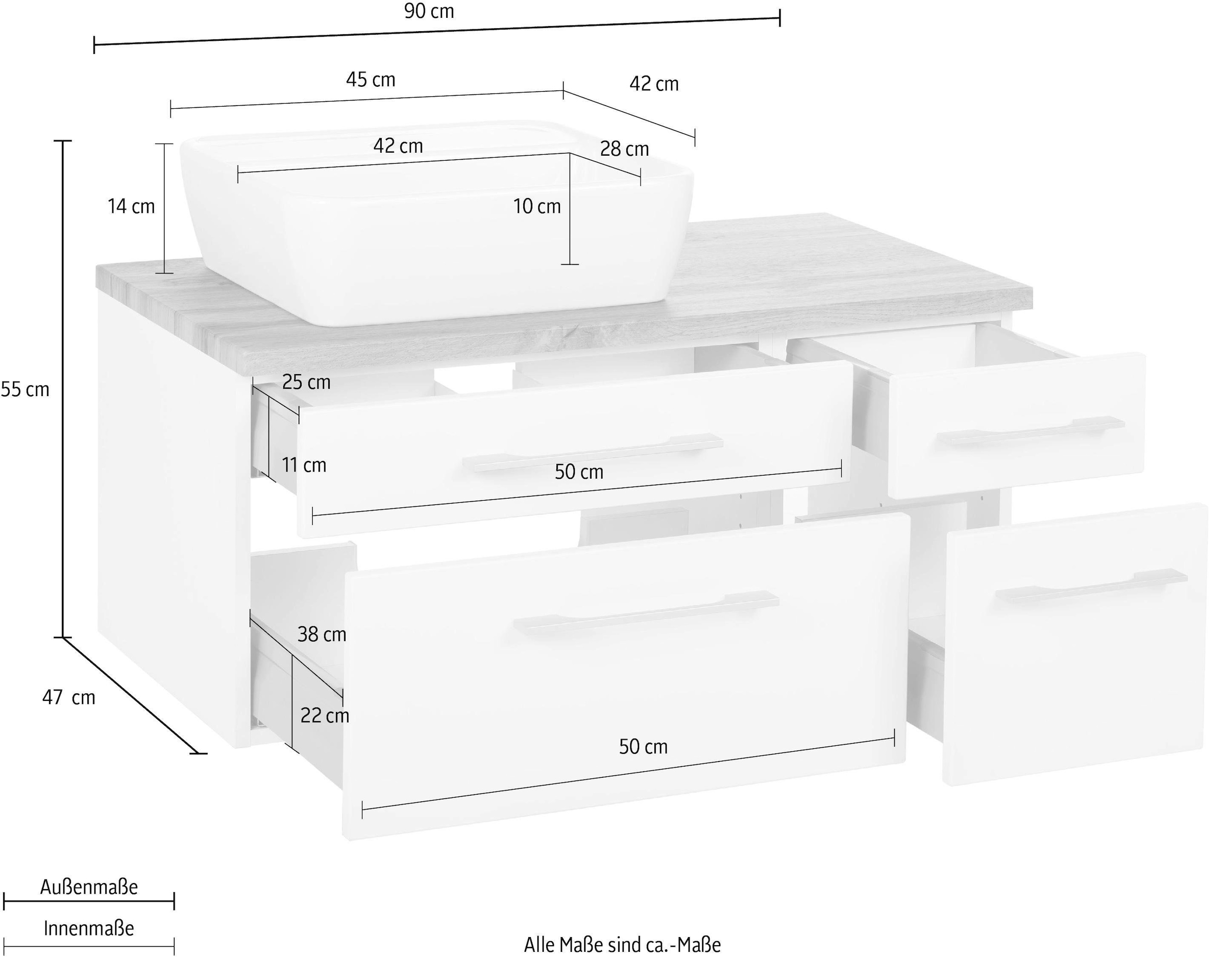 welltime Waschbeckenunterschrank »Davos«, Badmöbel, Waschtisch inkl. Waschbecken, Breite 90 cm