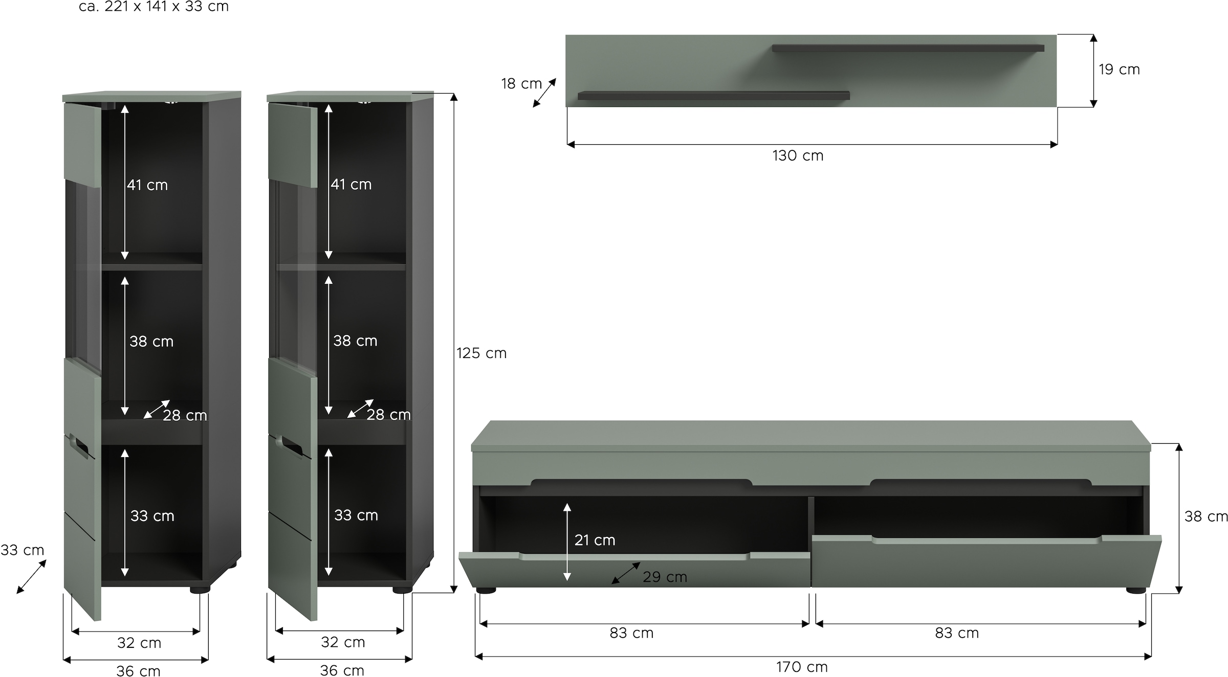 INOSIGN Wohnwand »REHAT, TOPSELLER!, 4-teilig, wahlweise stehend und hängend montierbar«, (3 St., Set bestehend aus: 2x Vitrine, Lowboard und Wandboard), Kombination, Anbauwand, Set, Wohn-Set, Wohnzimmer-Set, Schrankwand