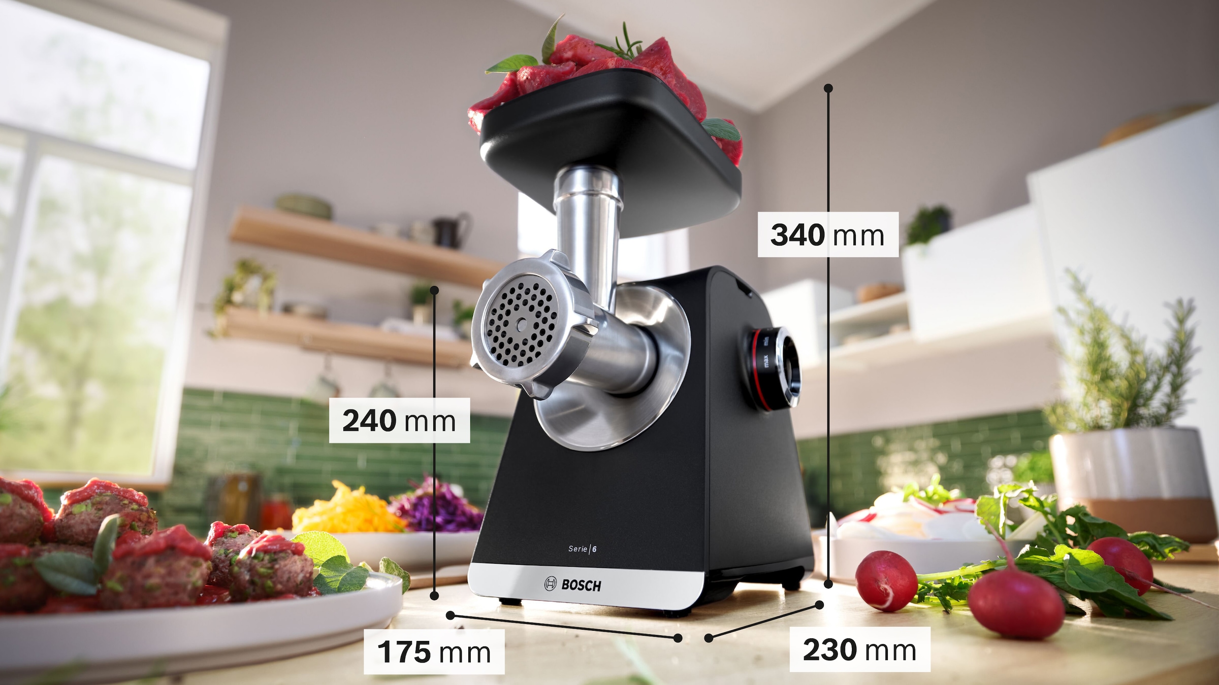 BOSCH Fleischwolf »Serie 6 MFWS660B, 3,5kg/Min., Raspel, 2 Lochscheiben (3&8mm), schwarz«, 500 W, Fruchtpresse, 2 Stufen, 10 J Motorgarantie, Planetengetriebe
