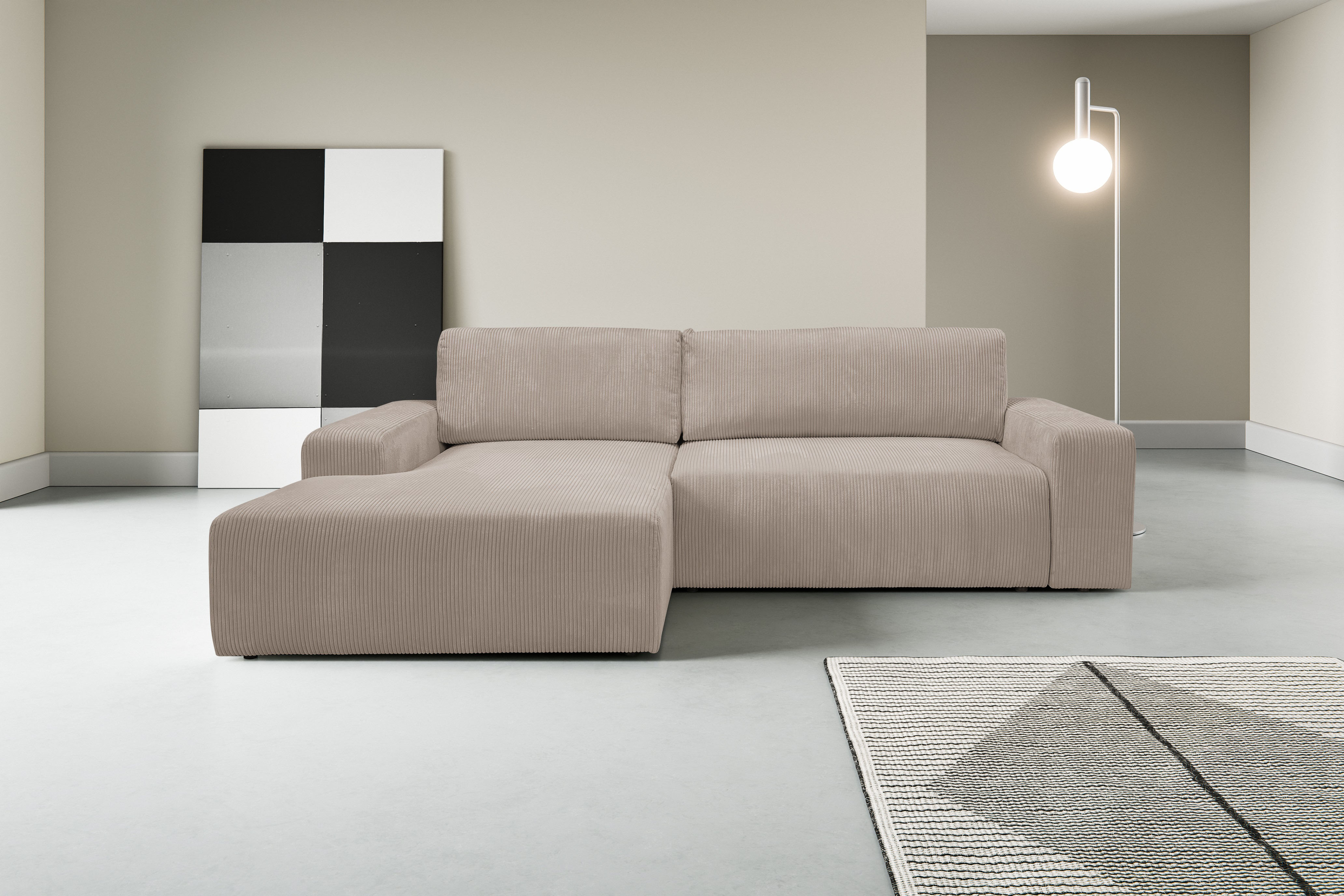 WERK2 Ecksofa "Rotterdam-L 267 x 165 cm modern und bequem" Cord, L-Form, Schlaffunktion, Bettkasten