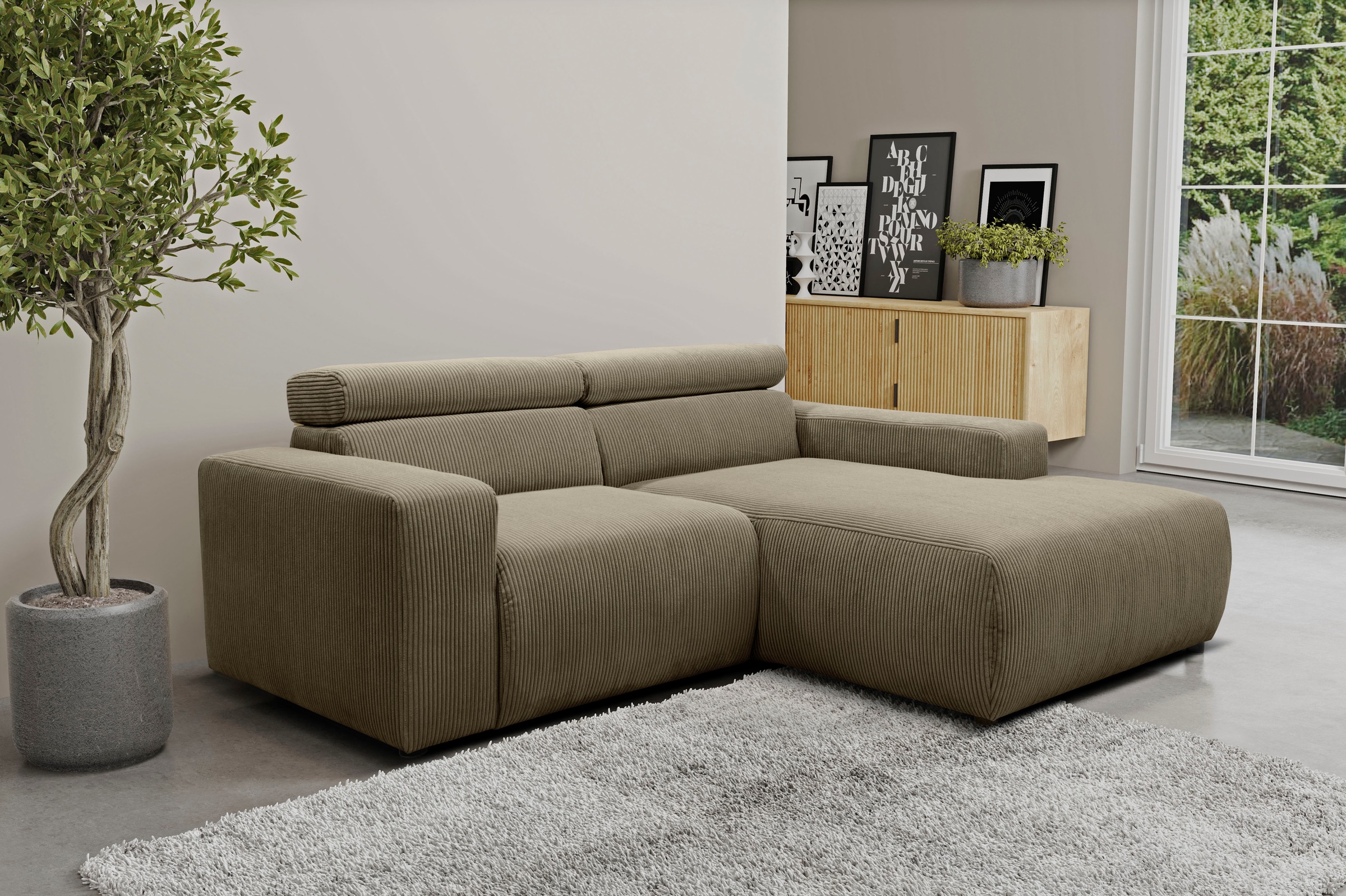 DOMO collection Ecksofa "BRANDON inkl. Kopfteilverstellung, 214x100x80 cm, L-Form" Cord, schlamm