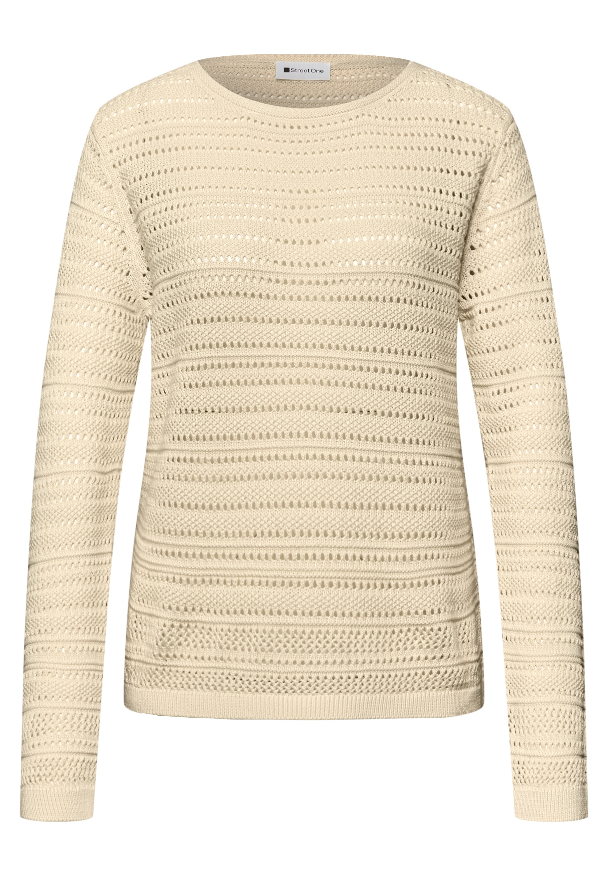 Strickpullover STREET ONE, Damen, Gr. 46, soft beige, Web, 100% Baumwolle, Strukturmuster, regular fit normal, U-Boot-Ausschnitt, Bündchen, Pullover Strickpullover, aus reiner Baumwolle 3