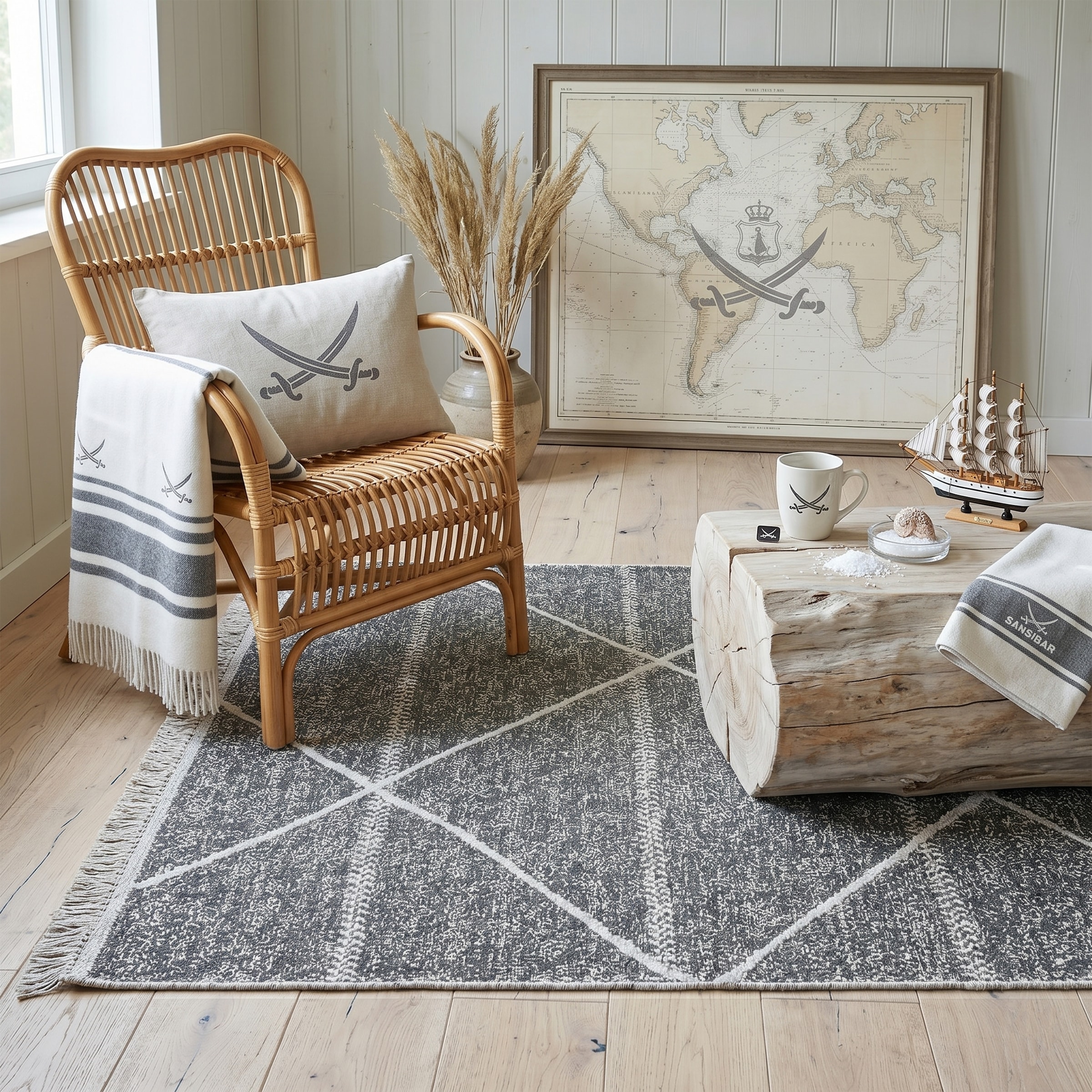 Sansibar Teppich "Braderup" rechteckig 2 mm Höhe Flachgewebe, modernes Scandi Design, Motiv Rauten, mit Fransen