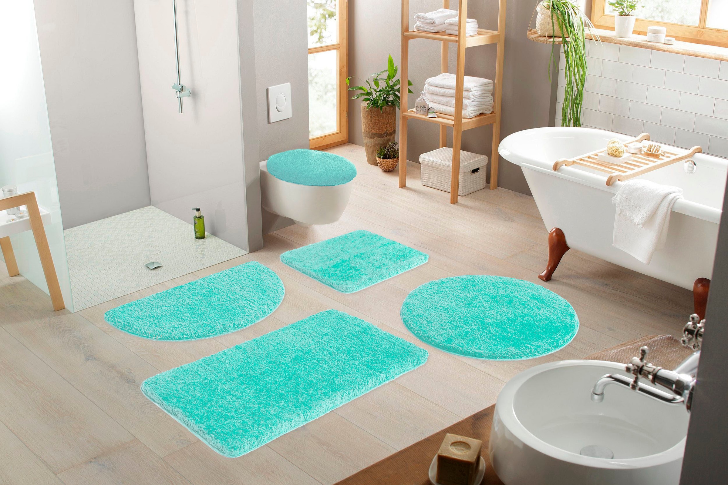 my home Badematte »Sanremo, Badvorleger, Badezimmer Teppich, sehr weich«, rutschhemmend beschichtet, fußbodenheizungsgeeignet-schnell trocknend, Badteppich, unifarben, rechteckig, rund & als 3-tlg. Set erhältlich