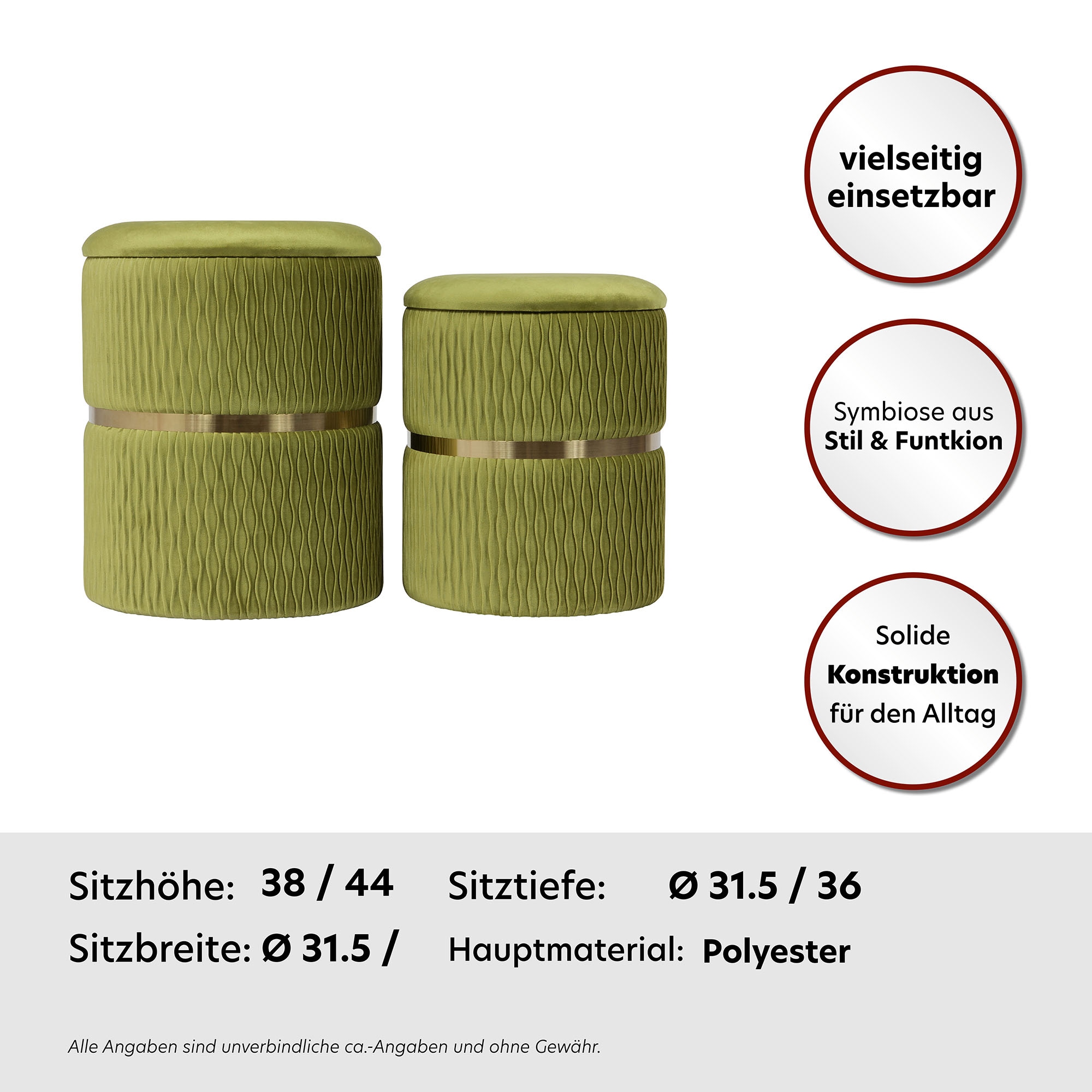 Kayoom Sitzhocker »Hocker Milas 2er-Set, Praktischer und versteckter Stauraum«, (Set, 2 St.), stapelbar, mit Stauraum, Edelstahlsockel, Farbenfroh unaufdringlich