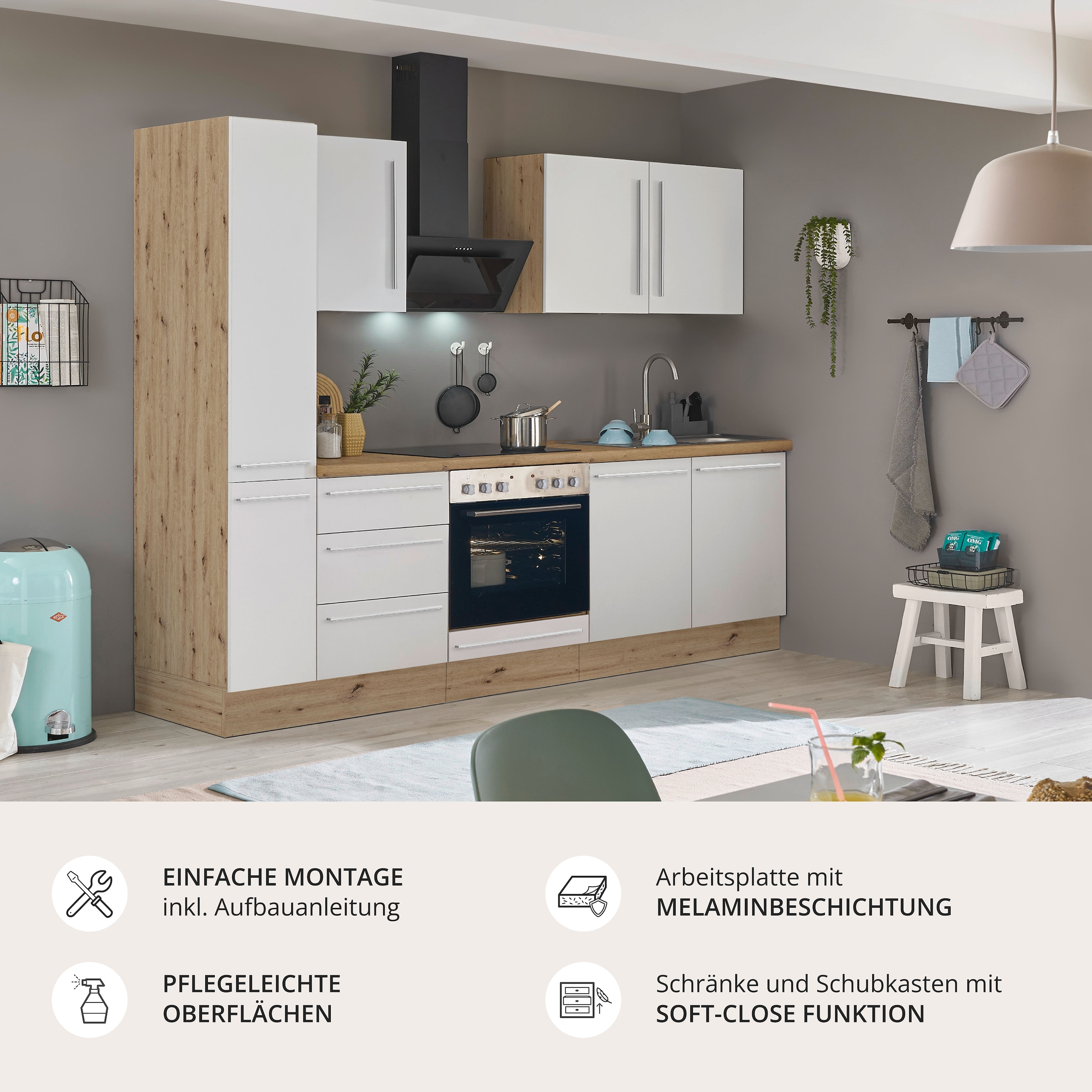 KOCHSTATION Küchenzeile »Florida« Breite 240 cm, wahlweise mit E-Geräten,Softclose für Türen/Schubkästen